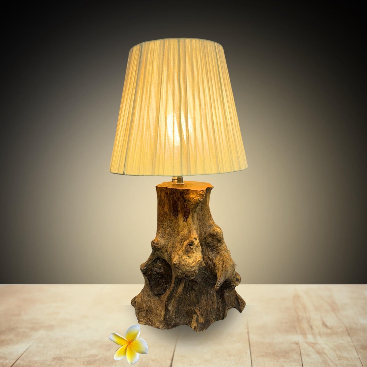 Natural Teak Fragment Table Lamp Hand Carved Reclaimed Wood Accent Lamp Natural Raffia Fiber Lamp Shade Boho Decor Handmade Bali Art