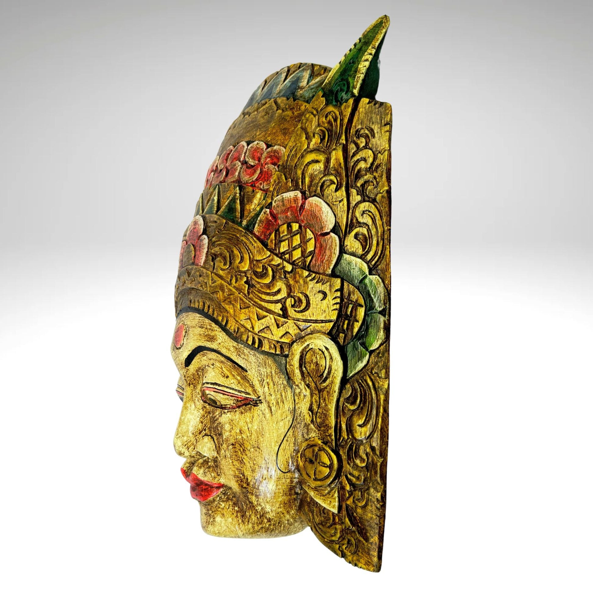 Balinese Mask Dewi Sri Rice Fertility Goddess Polychrome Hand Carved Wood Bali Folk Art wooden Mask Wall Decor - Acadia World Traders