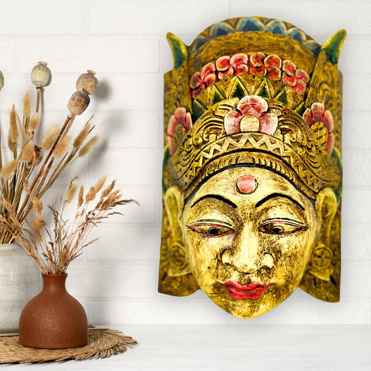 Balinese Mask Dewi Sri Rice Fertility Goddess Polychrome Hand Carved Wood Bali Folk Art wooden Mask Wall Decor - Acadia World Traders