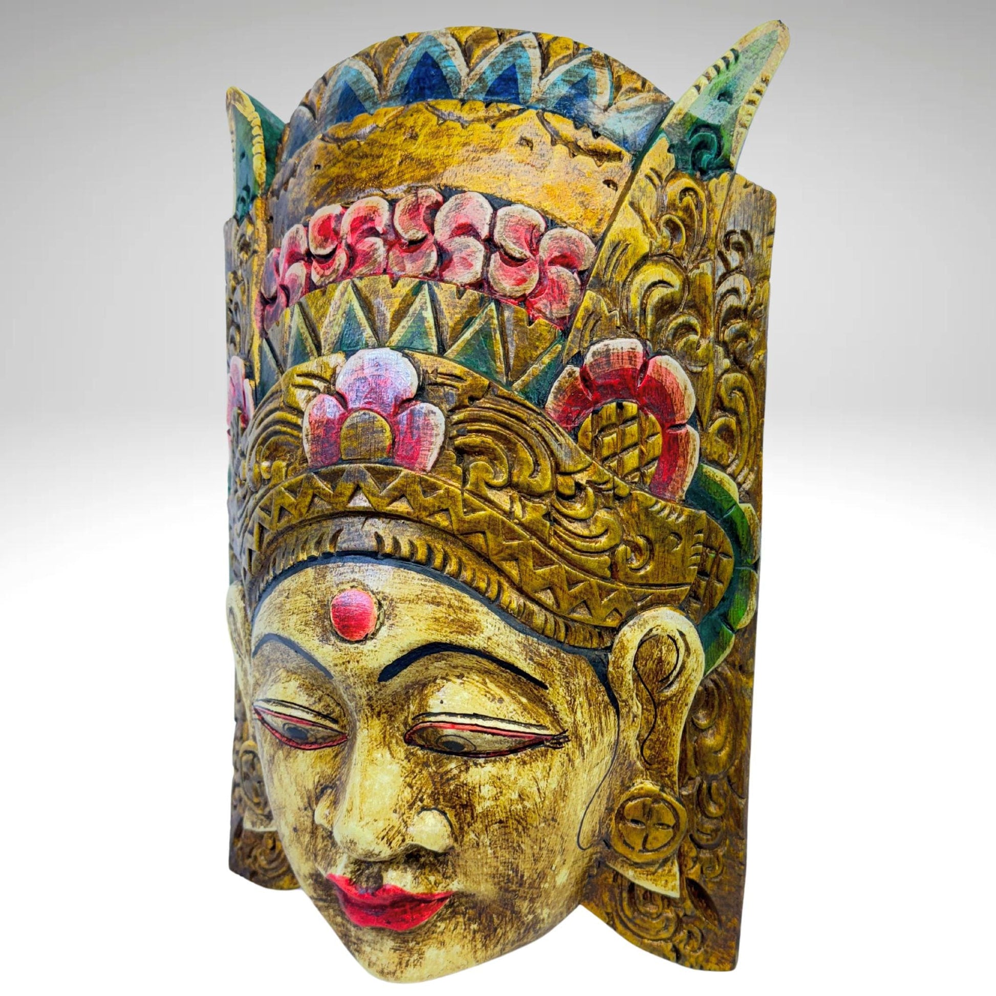 Balinese Mask Dewi Sri Rice Fertility Goddess Polychrome Hand Carved Wood Bali Folk Art wooden Mask Wall Decor - Acadia World Traders