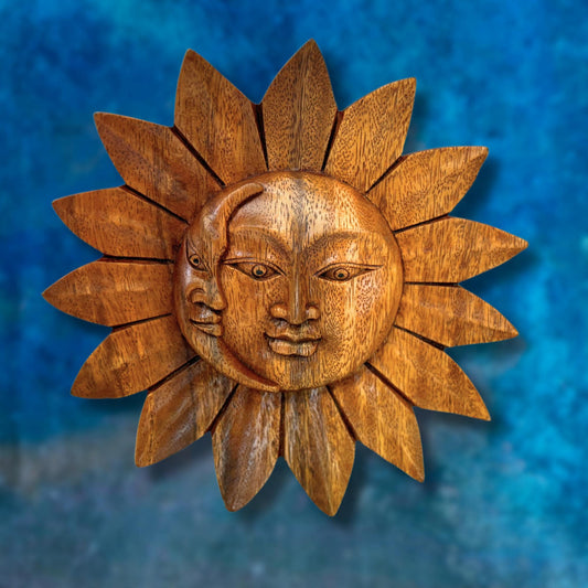 Carved Suar Wood Sun and Moon Wall Plaque: Bali Folk Art (8") - Acadia World Traders