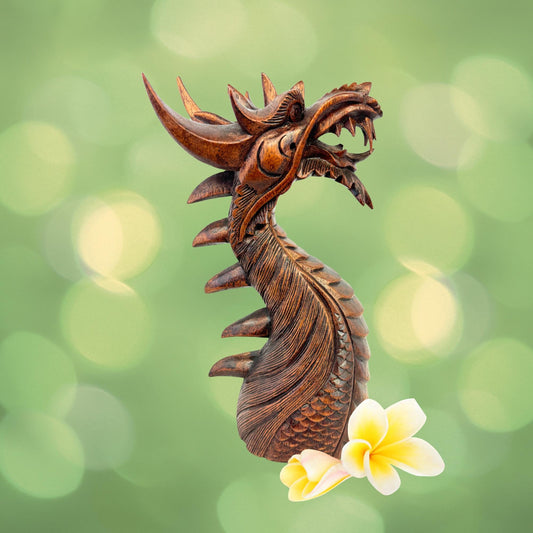 Horned Dragon Sculpture Statue Cosmic Naga Hand hand carved Suar wood Carving Bali Art Asian style Decor - Acadia World Traders