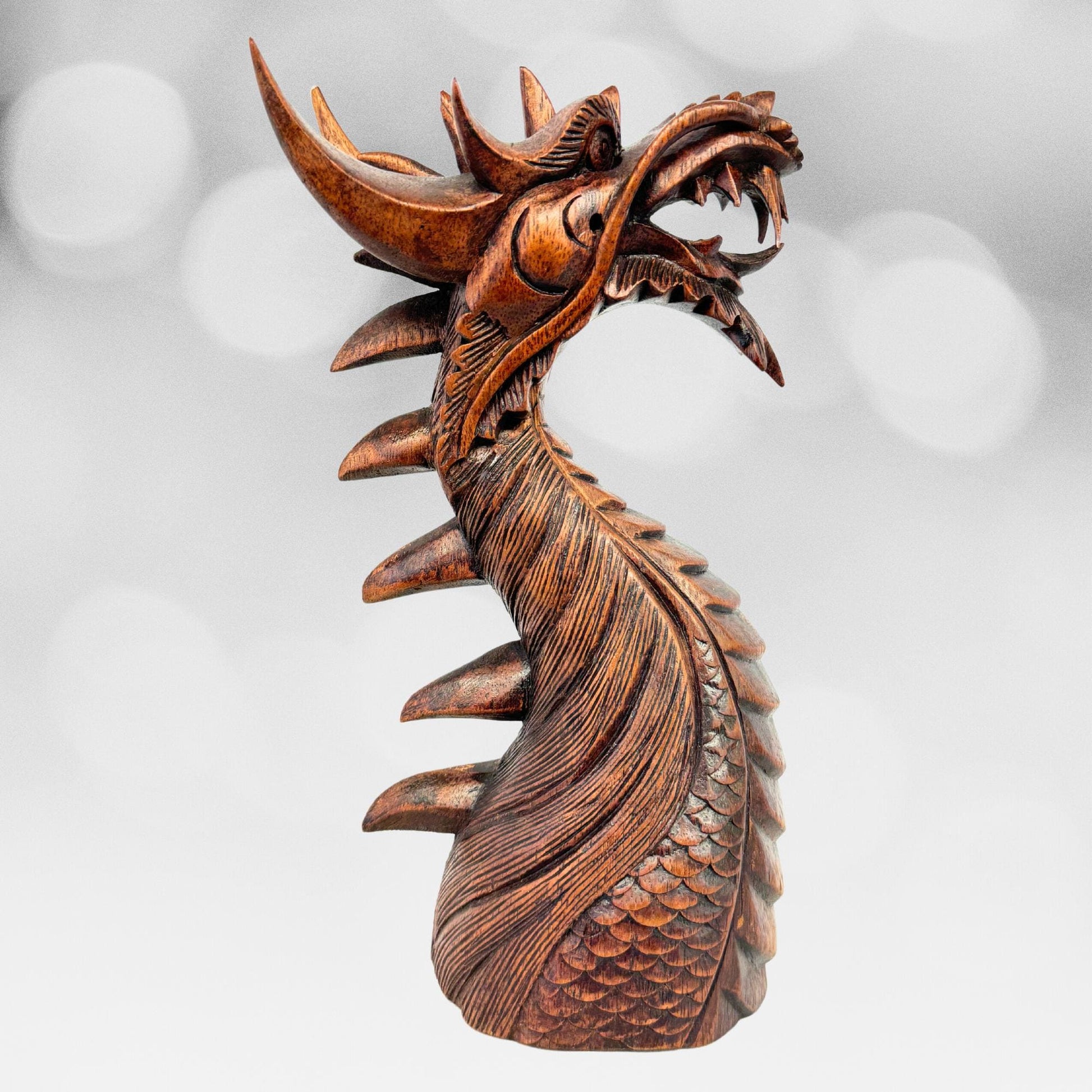 Horned Dragon Sculpture Statue Cosmic Naga Hand hand carved Suar wood Carving Bali Art Asian style Decor - Acadia World Traders