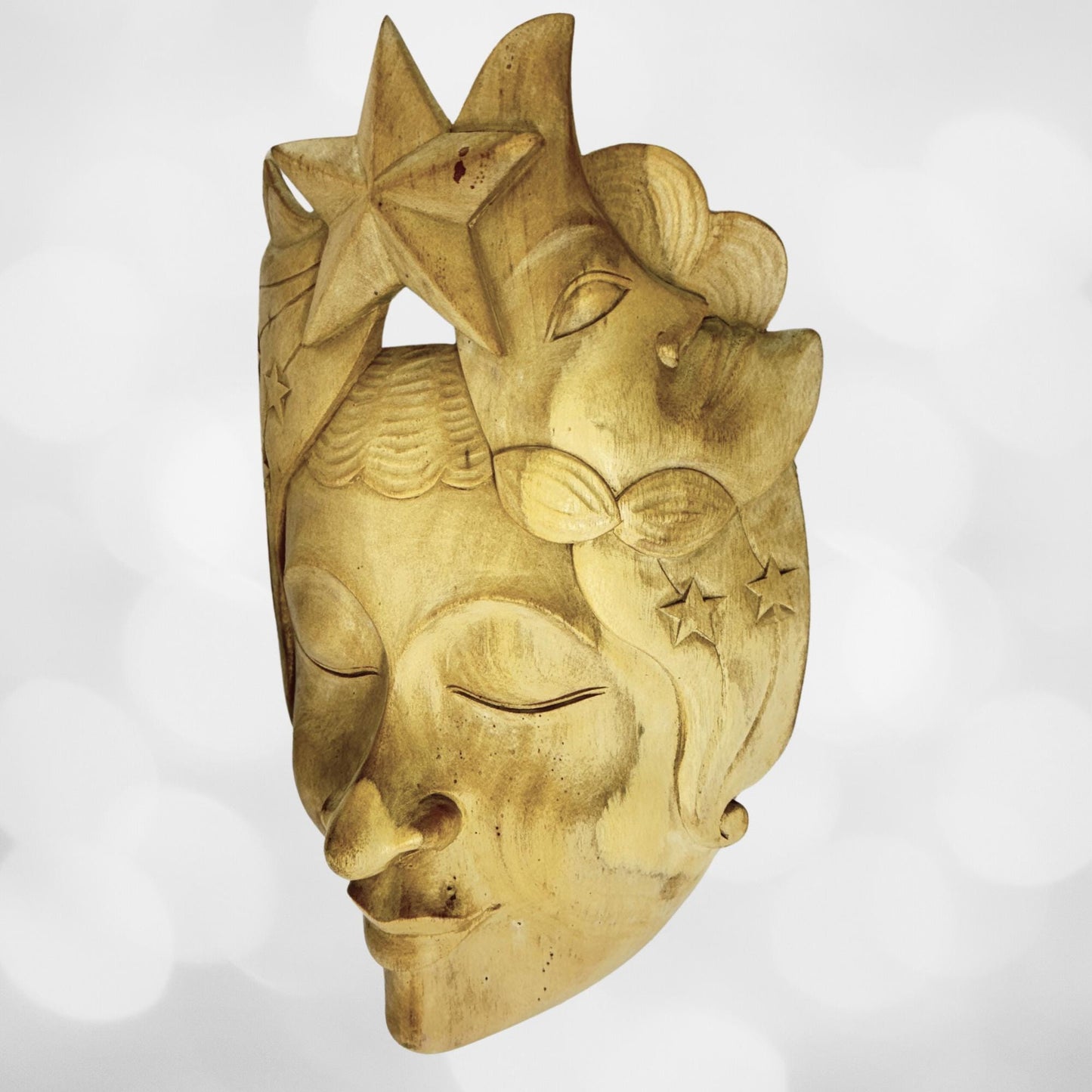 Balinese Mask Star Girl Goddess Moon Stars Hand Carved Wood Carving Bali folk art wall decor - Acadia World Traders