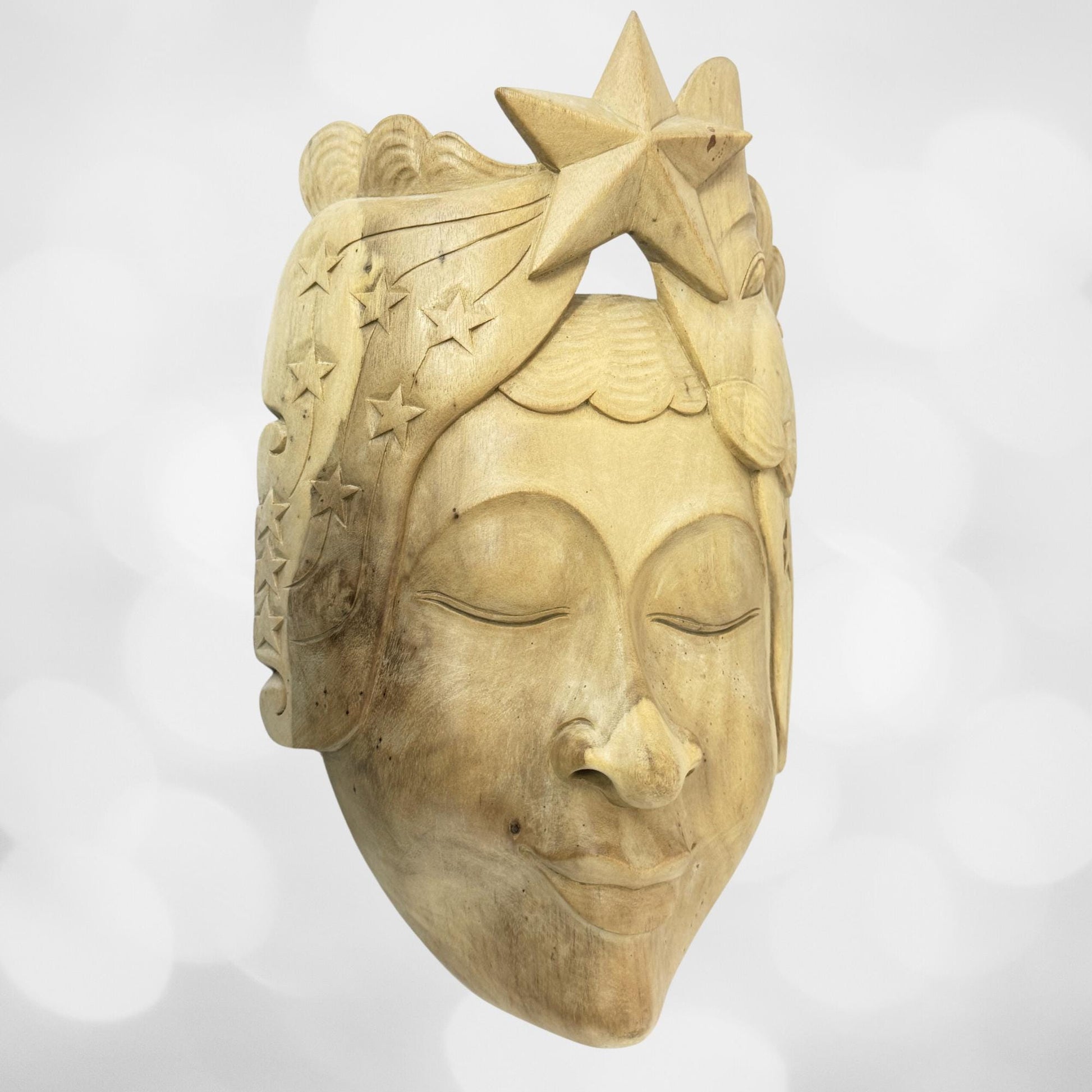 Balinese Mask Star Girl Goddess Moon Stars Hand Carved Wood Carving Bali folk art wall decor - Acadia World Traders