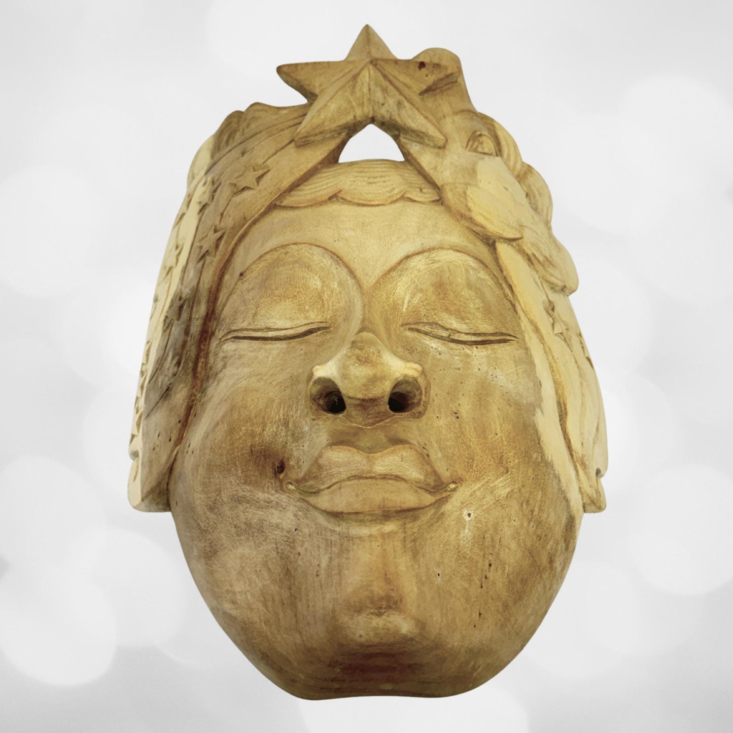 Balinese Mask Star Girl Goddess Moon Stars Hand Carved Wood Carving Bali folk art wall decor - Acadia World Traders