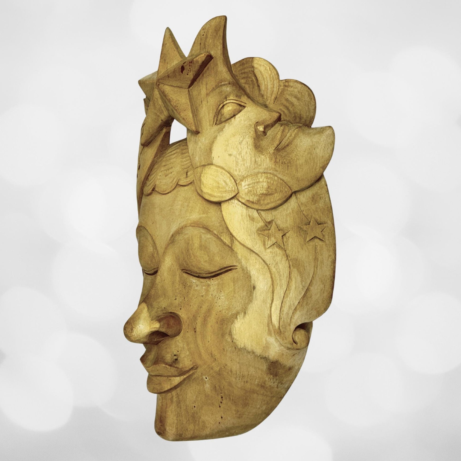 Balinese Mask Star Girl Goddess Moon Stars Hand Carved Wood Carving Bali folk art wall decor - Acadia World Traders