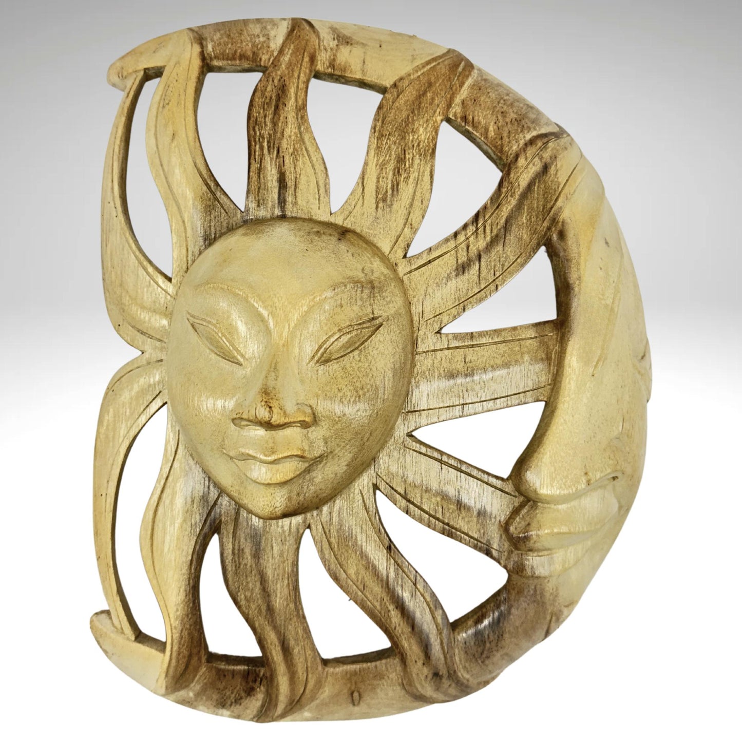 Vintage Wind Blown Sun & Moon Sunburst Celestial Wall Art Plaque Crescent MOON Carved hand carved wood Carving Bali Balinese folk art - Acadia World Traders