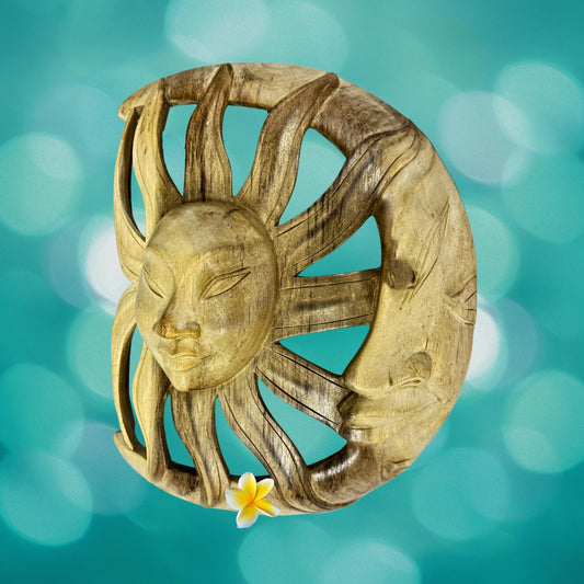 Vintage Wind Blown Sun & Moon Sunburst Celestial Wall Art Plaque Crescent MOON Carved hand carved wood Carving Bali Balinese folk art - Acadia World Traders