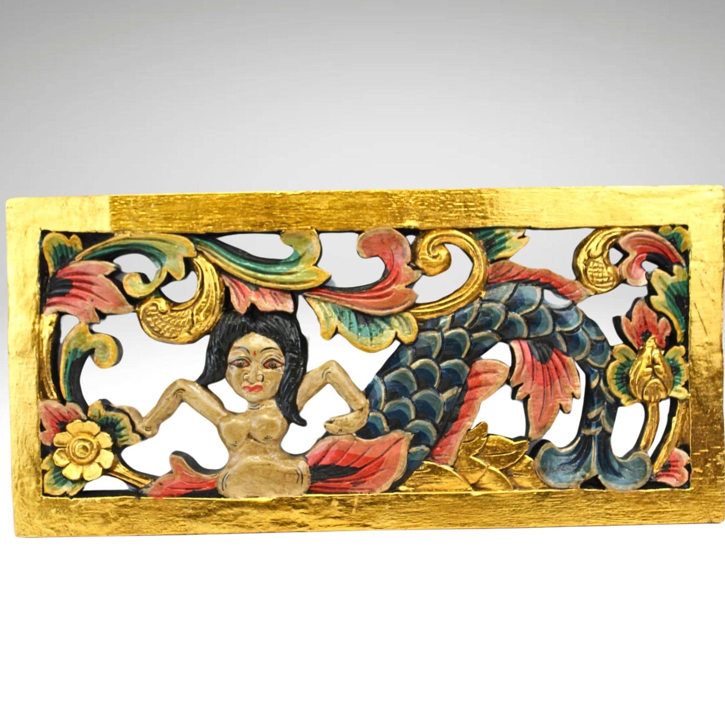 Balinese Mermaid Panel Wall Sculpture Hand Carved Wood Architectural Element Bali folk art carving - Acadia World Traders