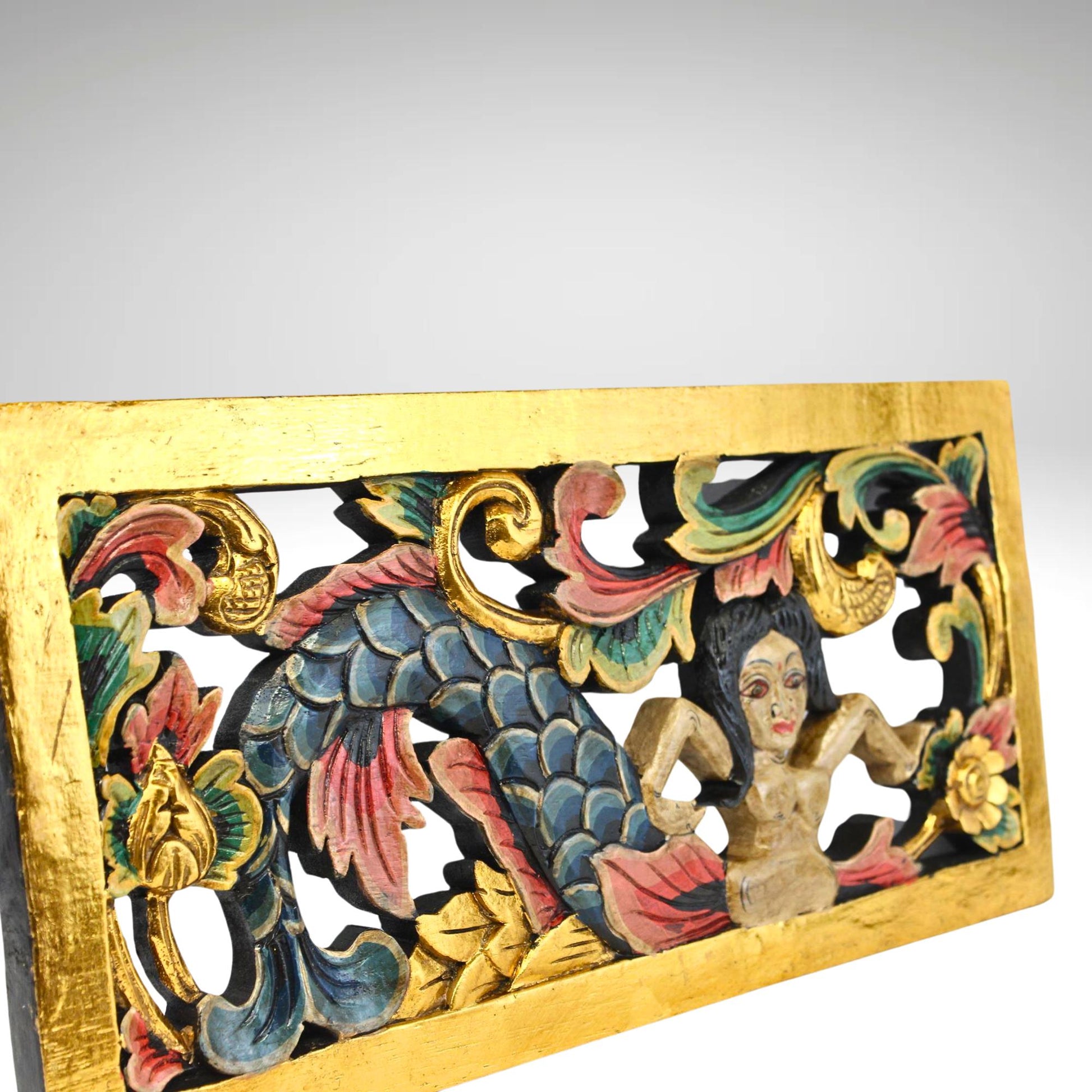 Balinese Mermaid Panel Wall Sculpture Hand Carved Wood Architectural Element Bali folk art carving - Acadia World Traders