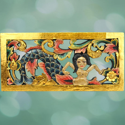 Balinese Mermaid Panel Wall Sculpture Hand Carved Wood Architectural Element Bali folk art carving - Acadia World Traders