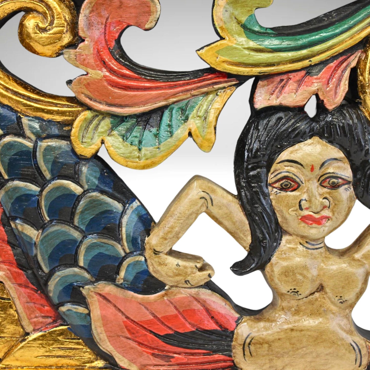 Balinese Mermaid Panel Wall Sculpture Hand Carved Wood Architectural Element Bali folk art carving - Acadia World Traders
