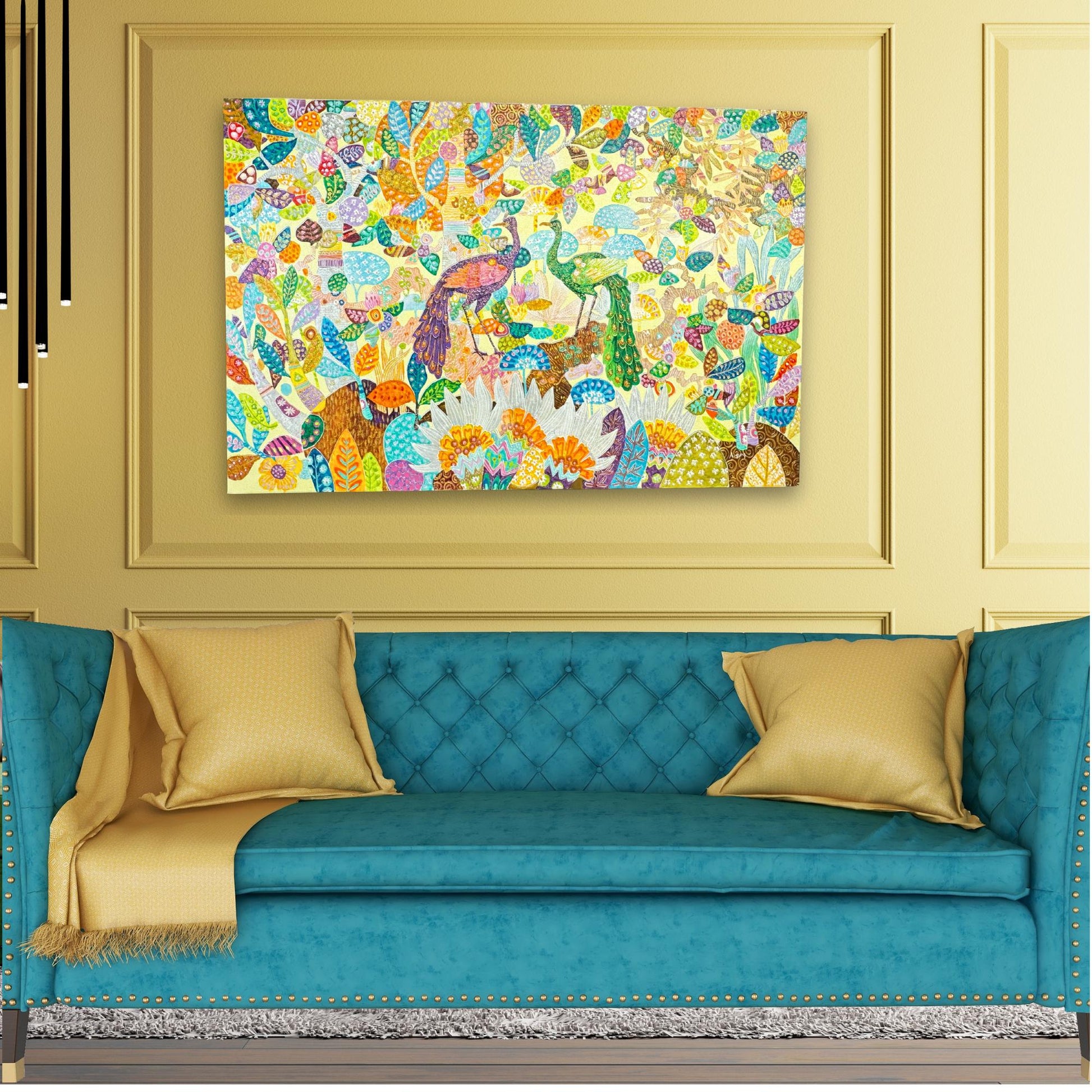 Peacock lotus garden fine art painting acrylic canvas signed Agung Balinese Artist wall art bohemian decor psychedelic art creme - Acadia World Traders