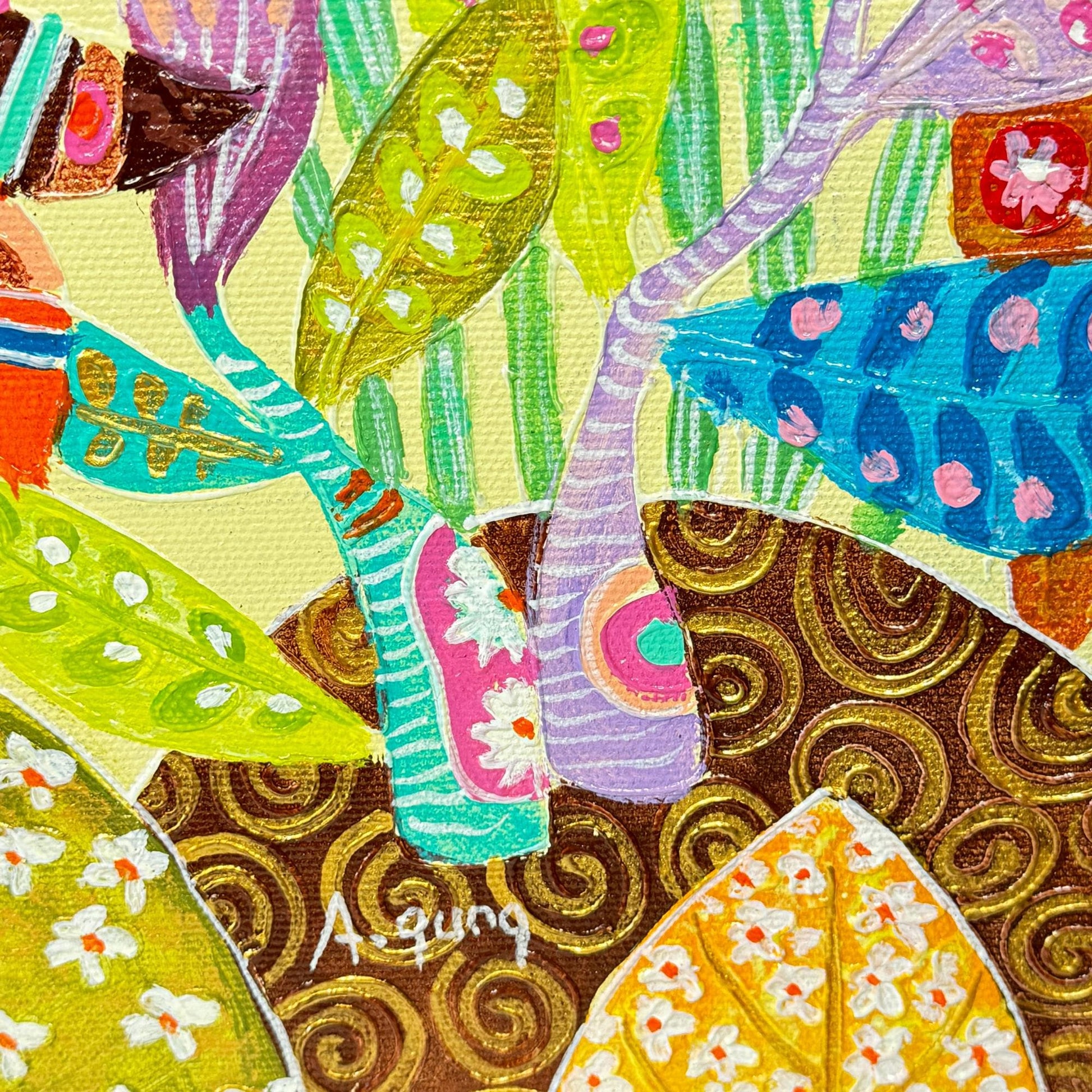 Peacock lotus garden fine art painting acrylic canvas signed Agung Balinese Artist wall art bohemian decor psychedelic art creme - Acadia World Traders