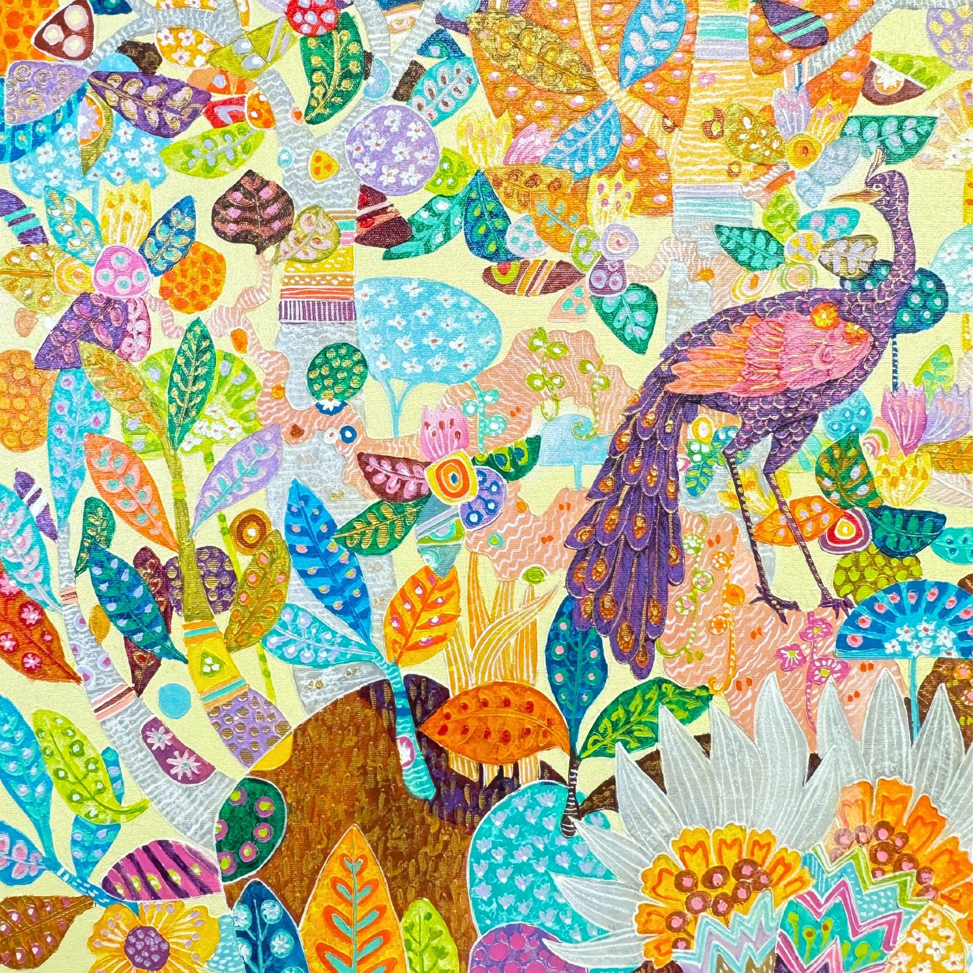 Peacock lotus garden fine art painting acrylic canvas signed Agung Balinese Artist wall art bohemian decor psychedelic art creme - Acadia World Traders