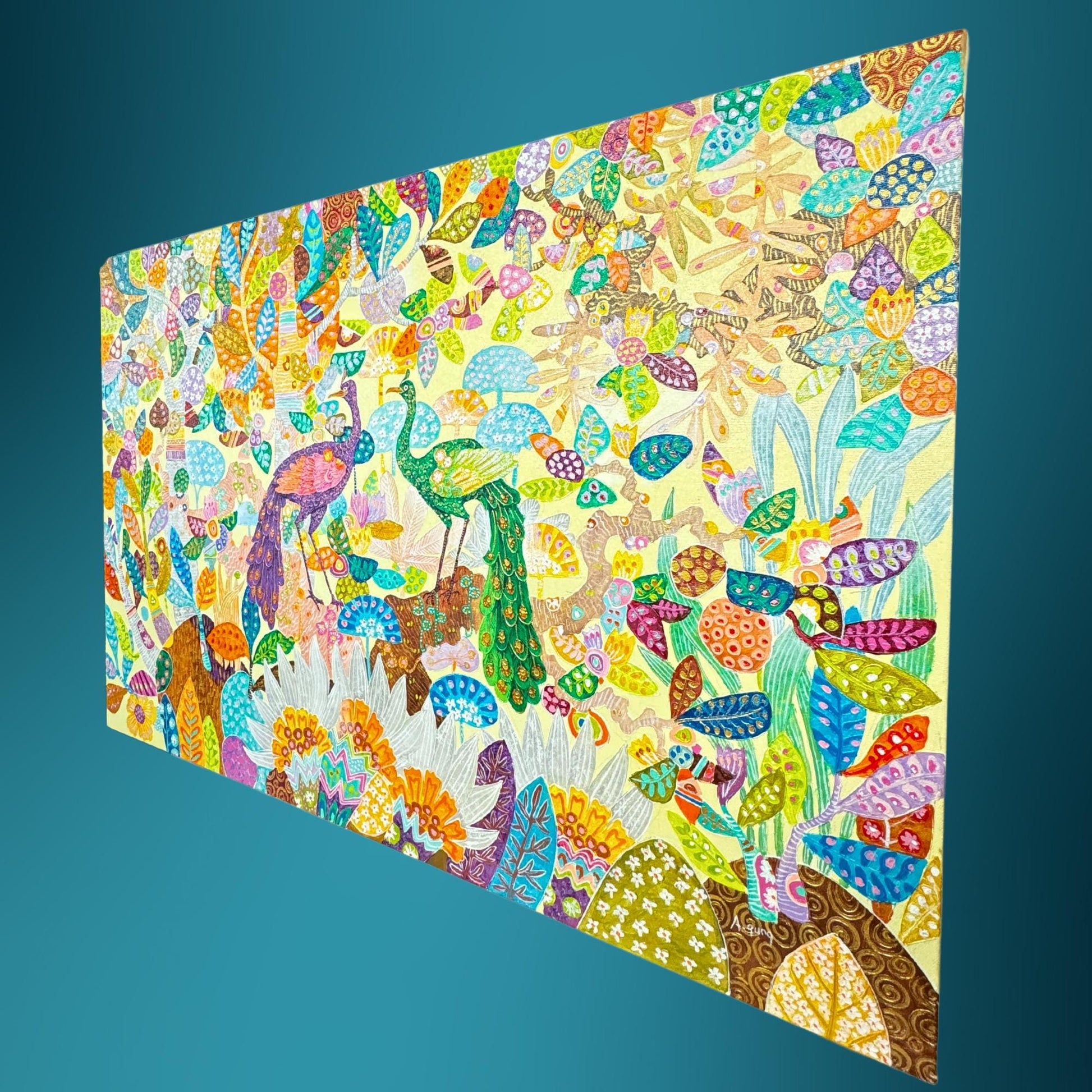 Peacock lotus garden fine art painting acrylic canvas signed Agung Balinese Artist wall art bohemian decor psychedelic art creme - Acadia World Traders