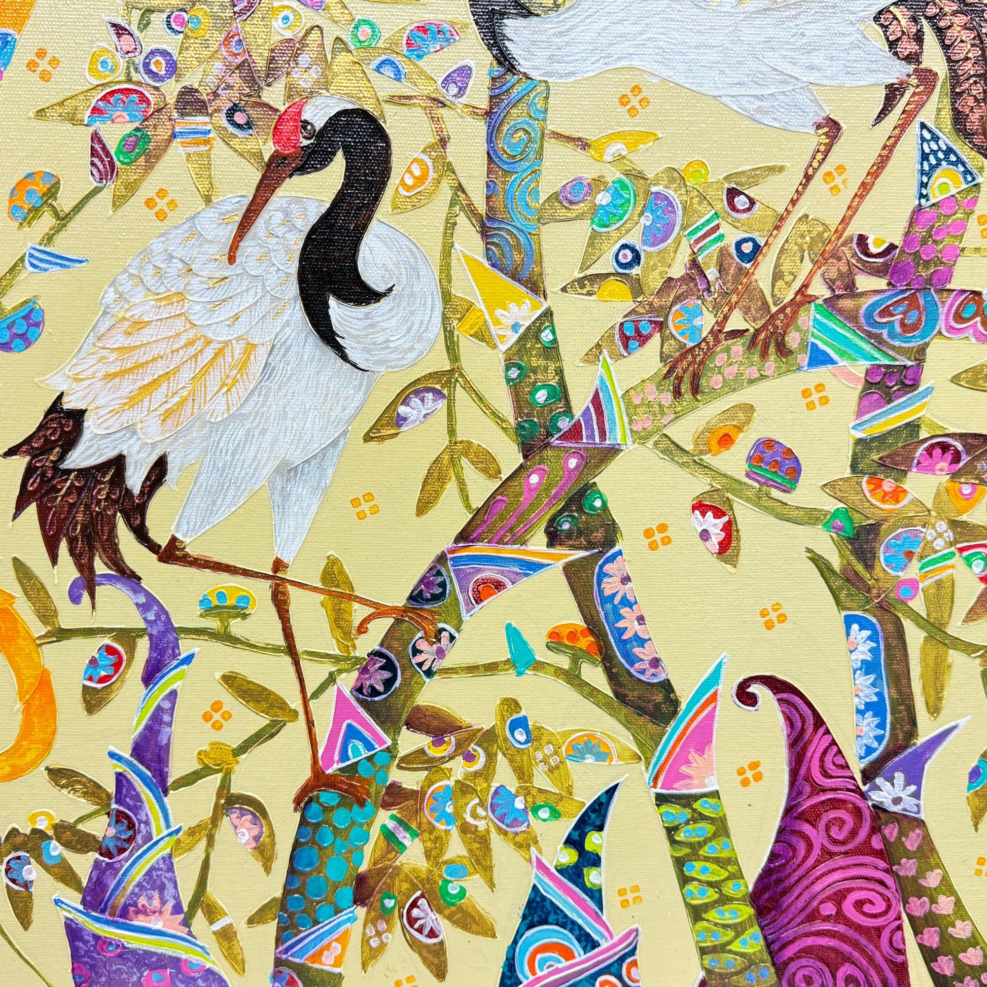 White Crane Birds Bamboo Forest fine art painting acrylic canvas signed Agung Balinese Artist wall art bohemian decor psychedelic art creme - Acadia World Traders