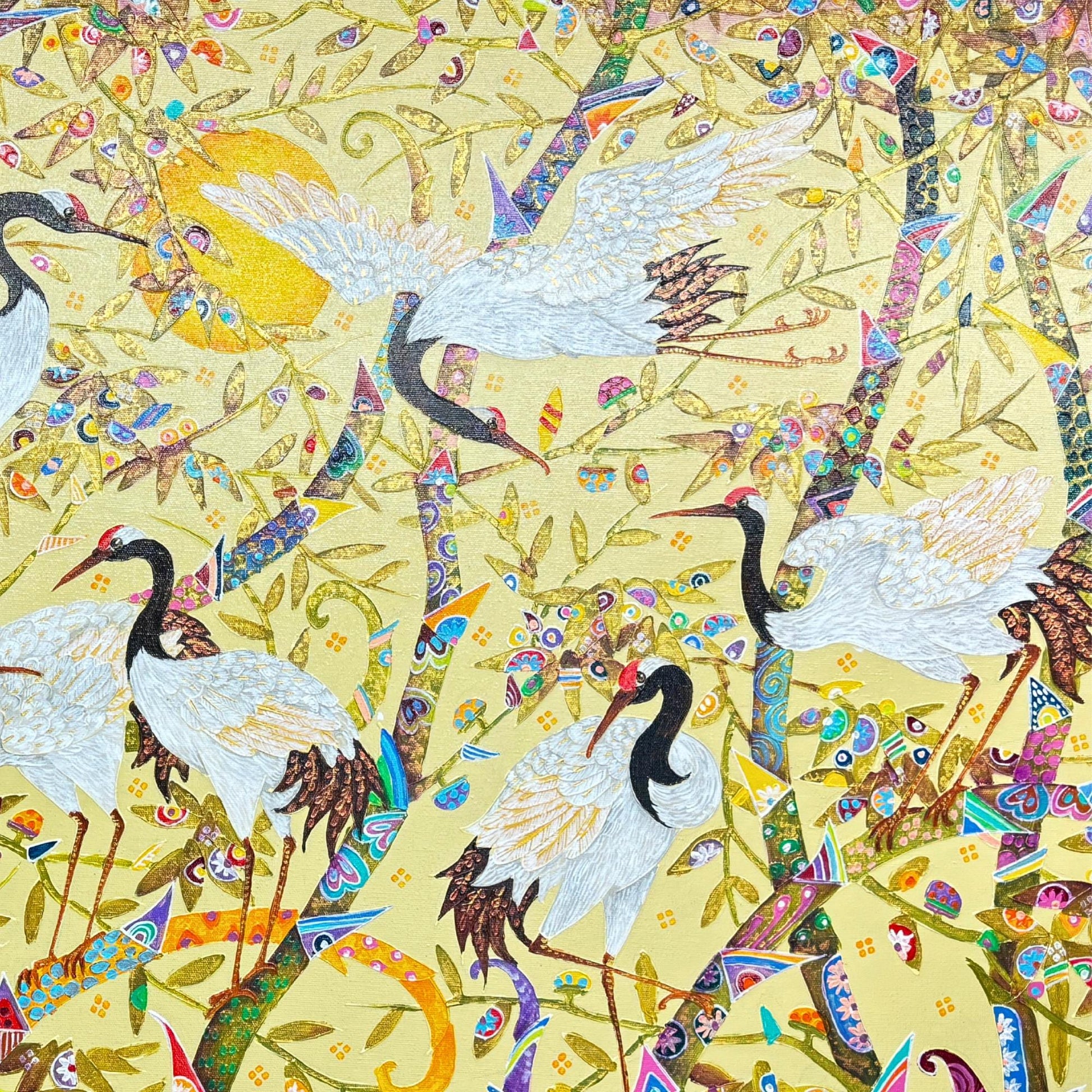 White Crane Birds Bamboo Forest fine art painting acrylic canvas signed Agung Balinese Artist wall art bohemian decor psychedelic art creme - Acadia World Traders