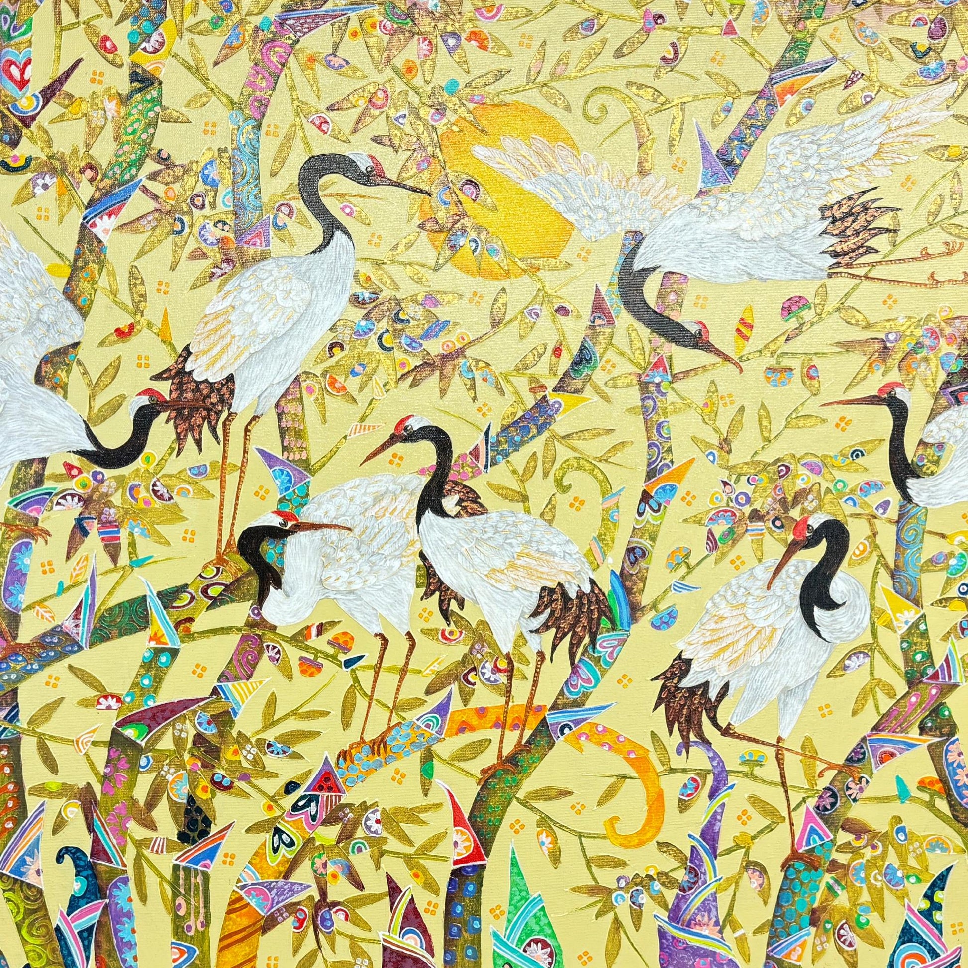 White Crane Birds Bamboo Forest fine art painting acrylic canvas signed Agung Balinese Artist wall art bohemian decor psychedelic art creme - Acadia World Traders