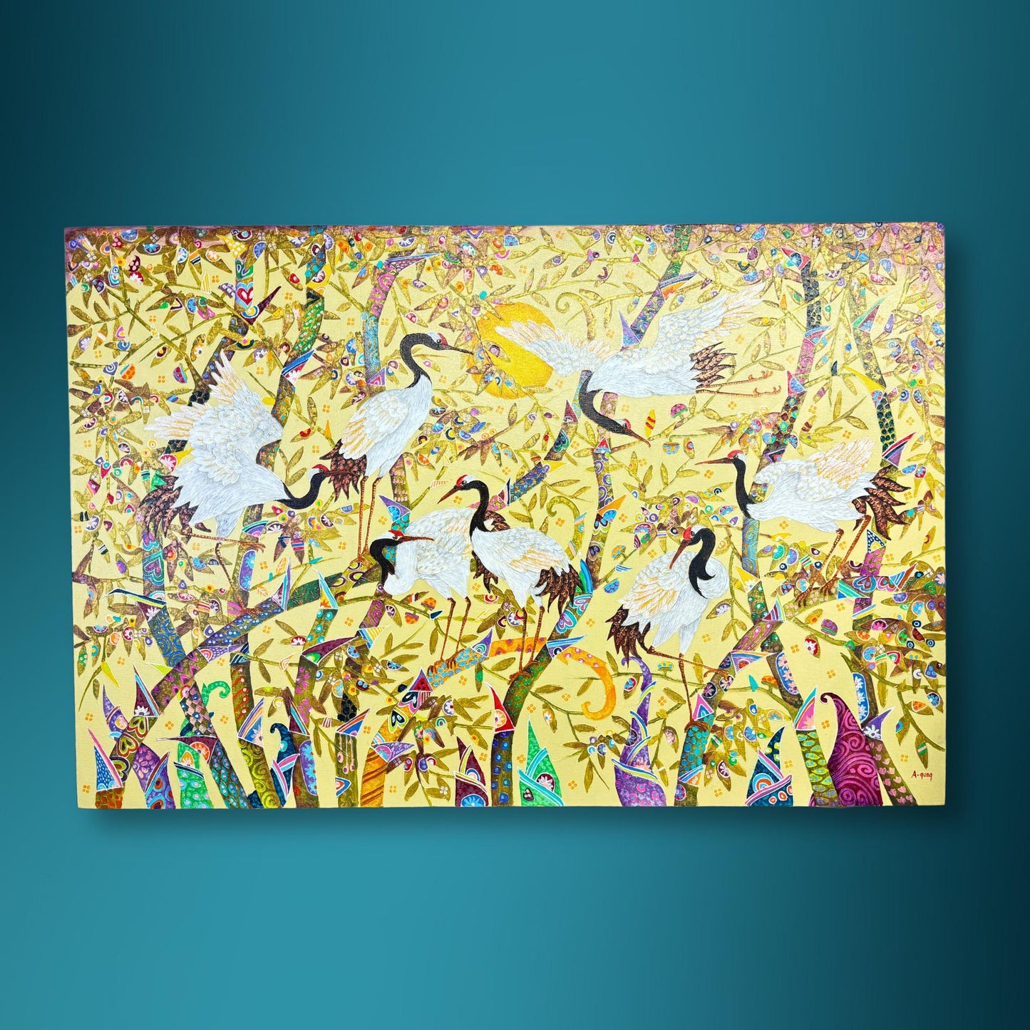 White Crane Birds Bamboo Forest fine art painting acrylic canvas signed Agung Balinese Artist wall art bohemian decor psychedelic art creme - Acadia World Traders