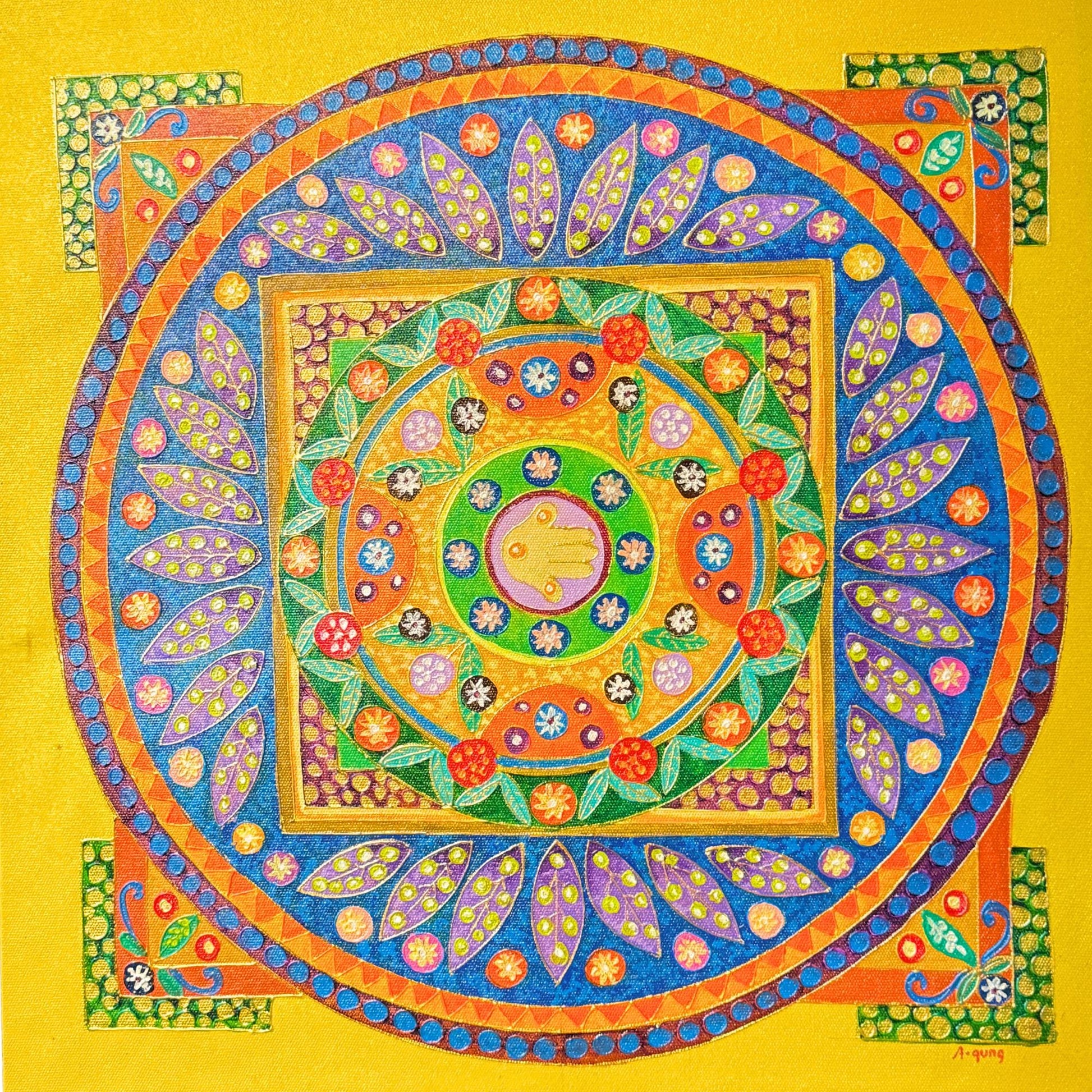 Hamsa Hand Mandala Wall Art Painting Acrylic on Canvas Handmade Sacred Geometry Yellow Balinese Art - Acadia World Traders