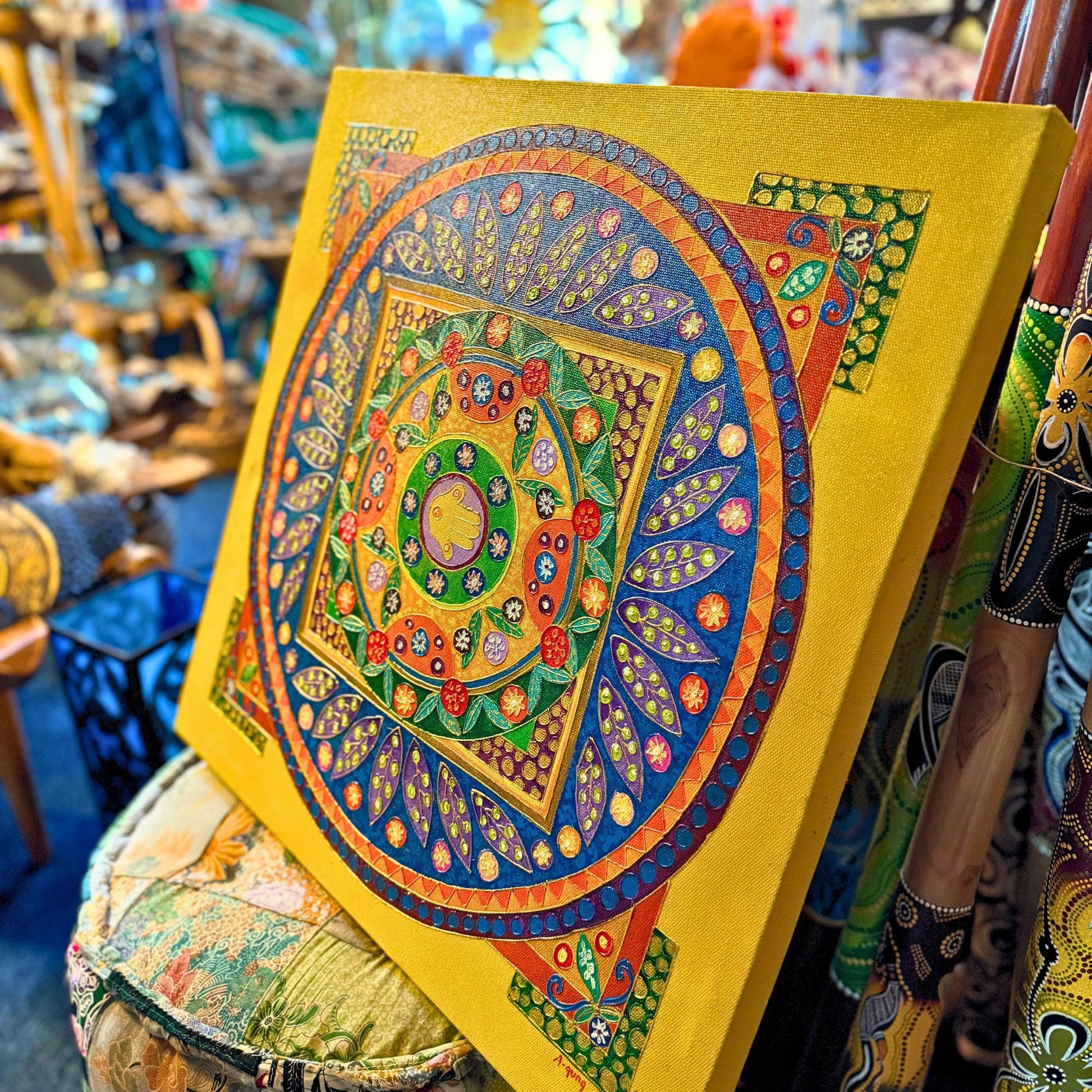 Hamsa Hand Mandala Wall Art Painting Acrylic on Canvas Handmade Sacred Geometry Yellow Balinese Art - Acadia World Traders