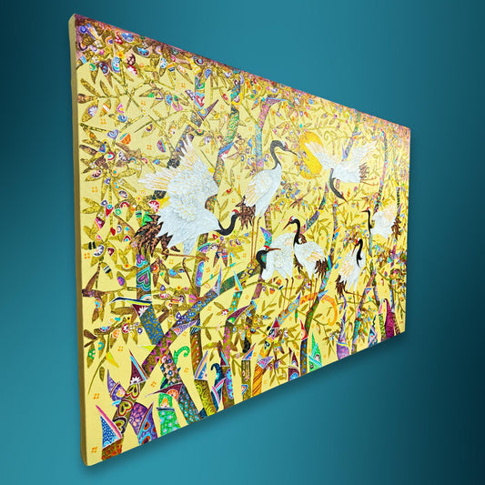 White Crane Birds Bamboo Forest fine art painting acrylic canvas signed Agung Balinese Artist wall art bohemian decor psychedelic art creme - Acadia World Traders