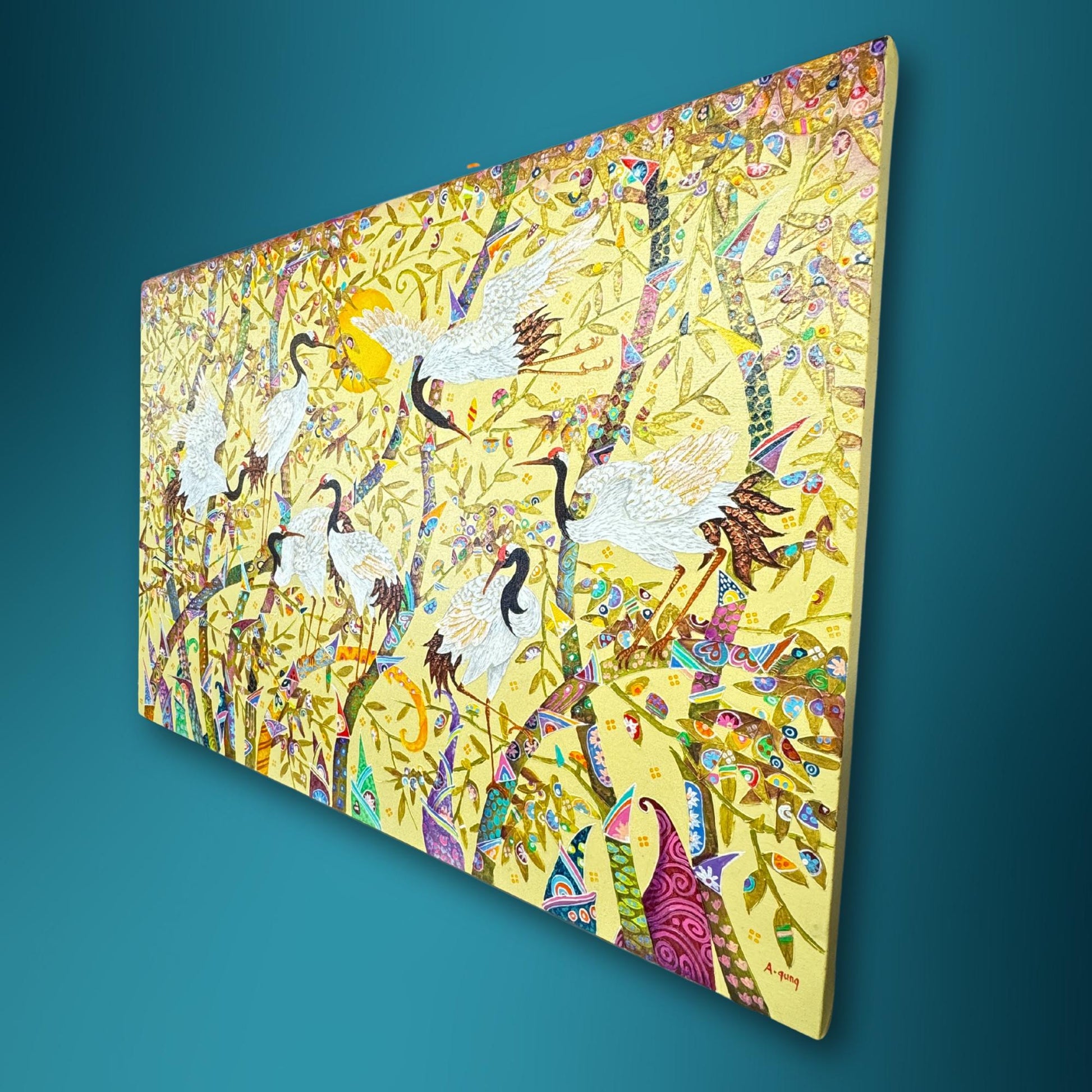 White Crane Birds Bamboo Forest fine art painting acrylic canvas signed Agung Balinese Artist wall art bohemian decor psychedelic art creme - Acadia World Traders