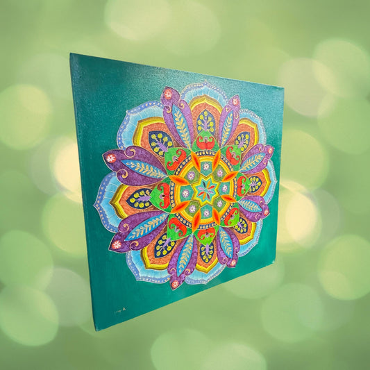 Serene Lotus Mandala Wall Art Painting Acrylic on Canvas  Sacred Geometry Green - Acadia World Traders