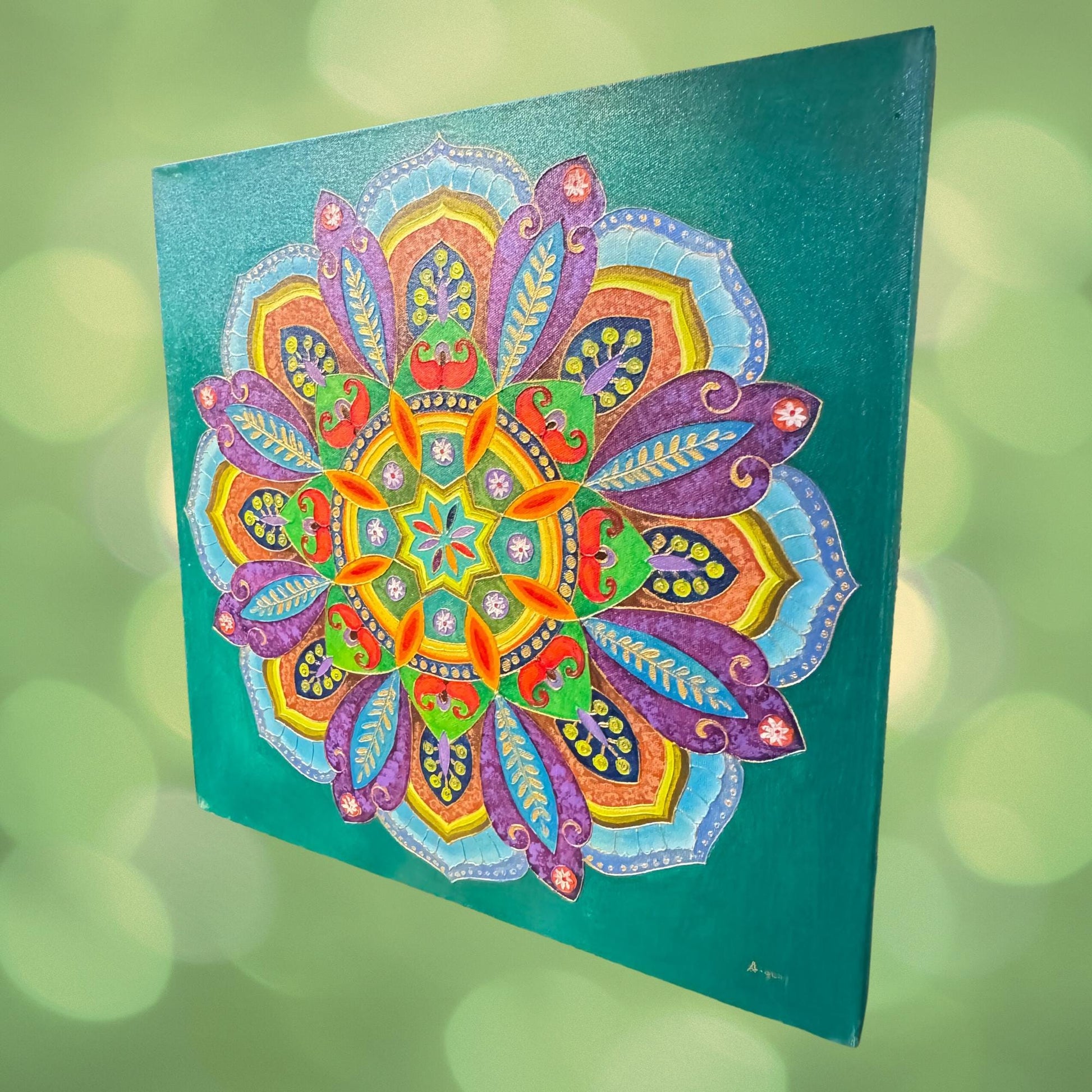 Serene Lotus Mandala Wall Art Painting Acrylic on Canvas  Sacred Geometry Green - Acadia World Traders