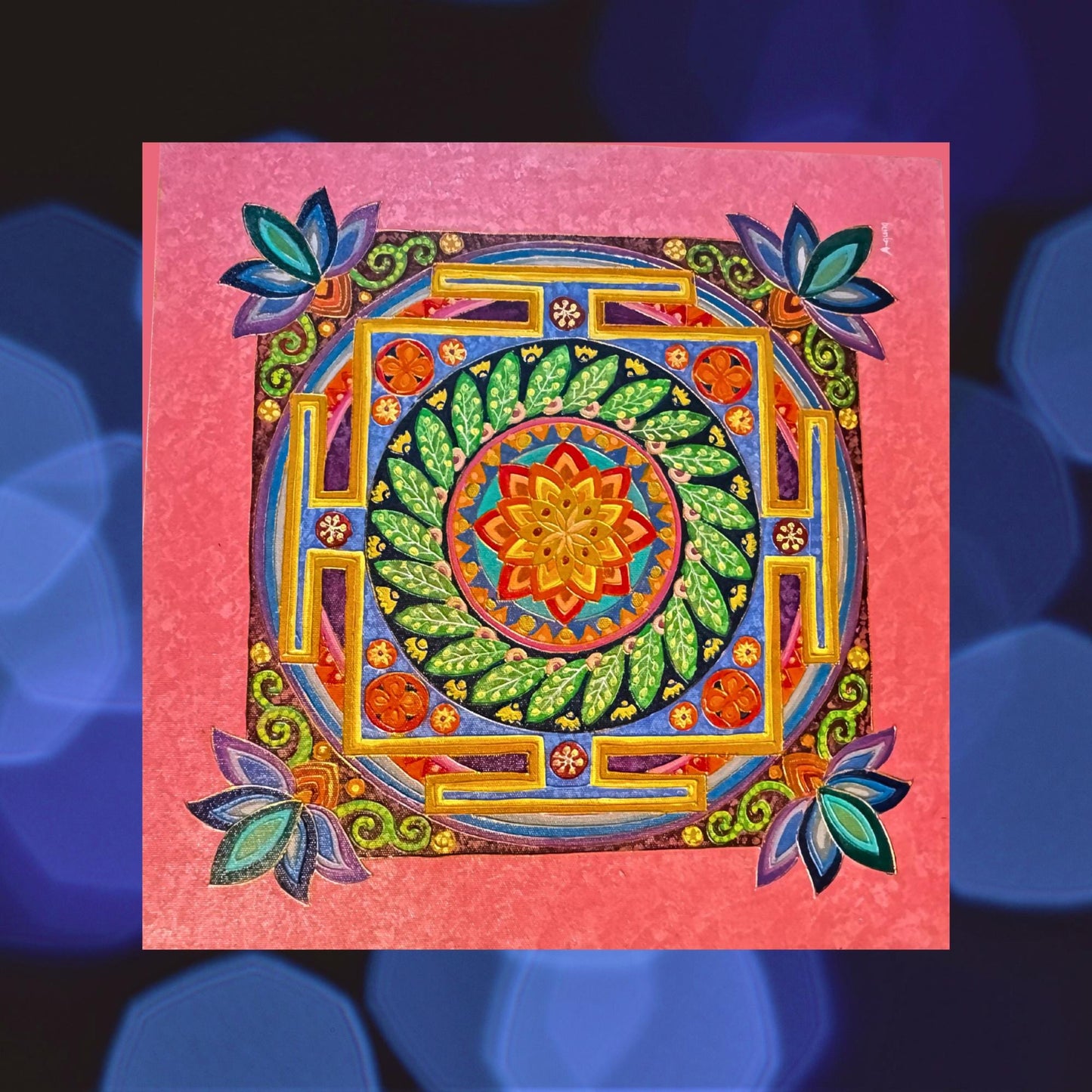 Lotus Mandala Painting: Hand Painted Balinese Acrylic Canvas Wall Art