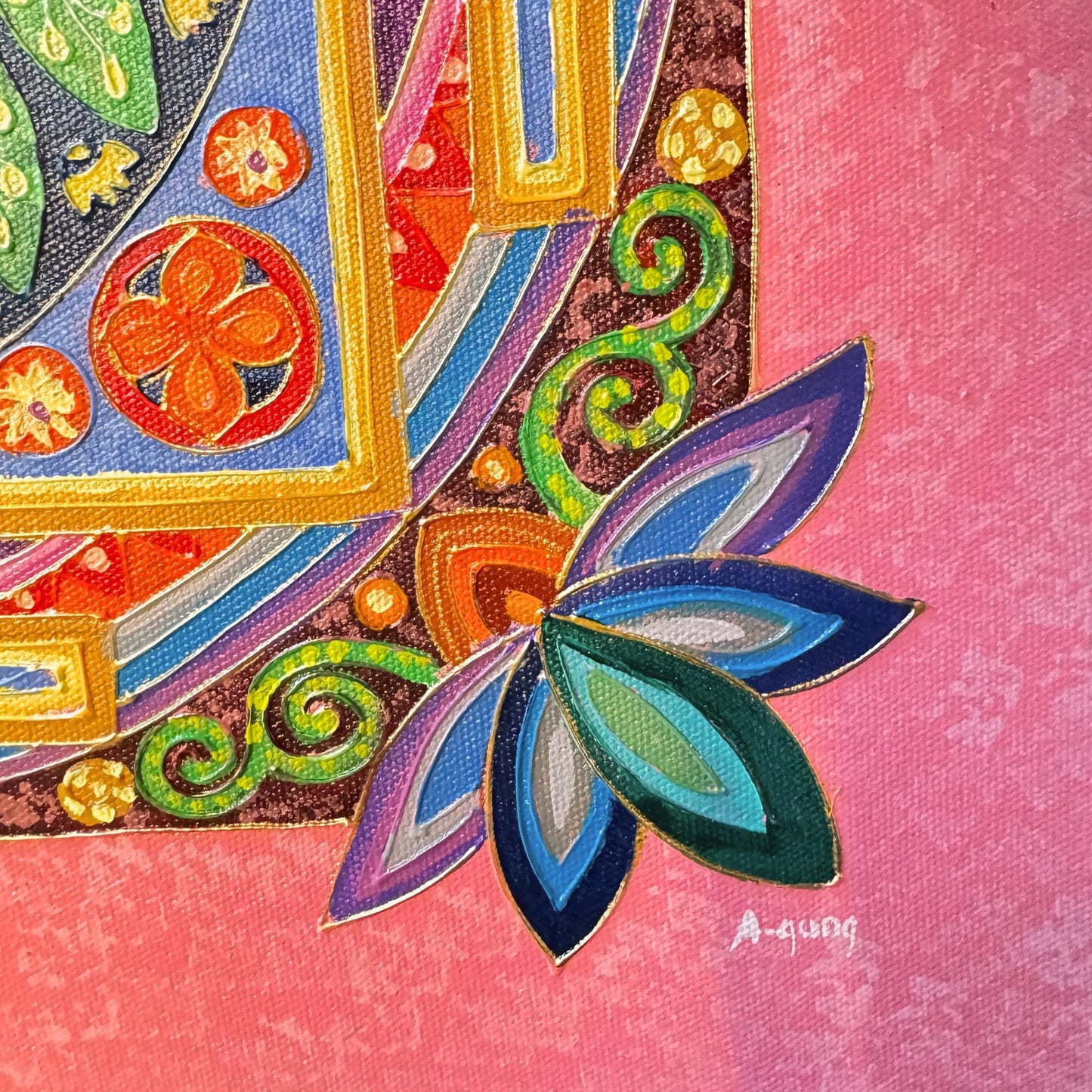 Lotus Mandala Painting: Hand Painted Balinese Acrylic Canvas Wall Art