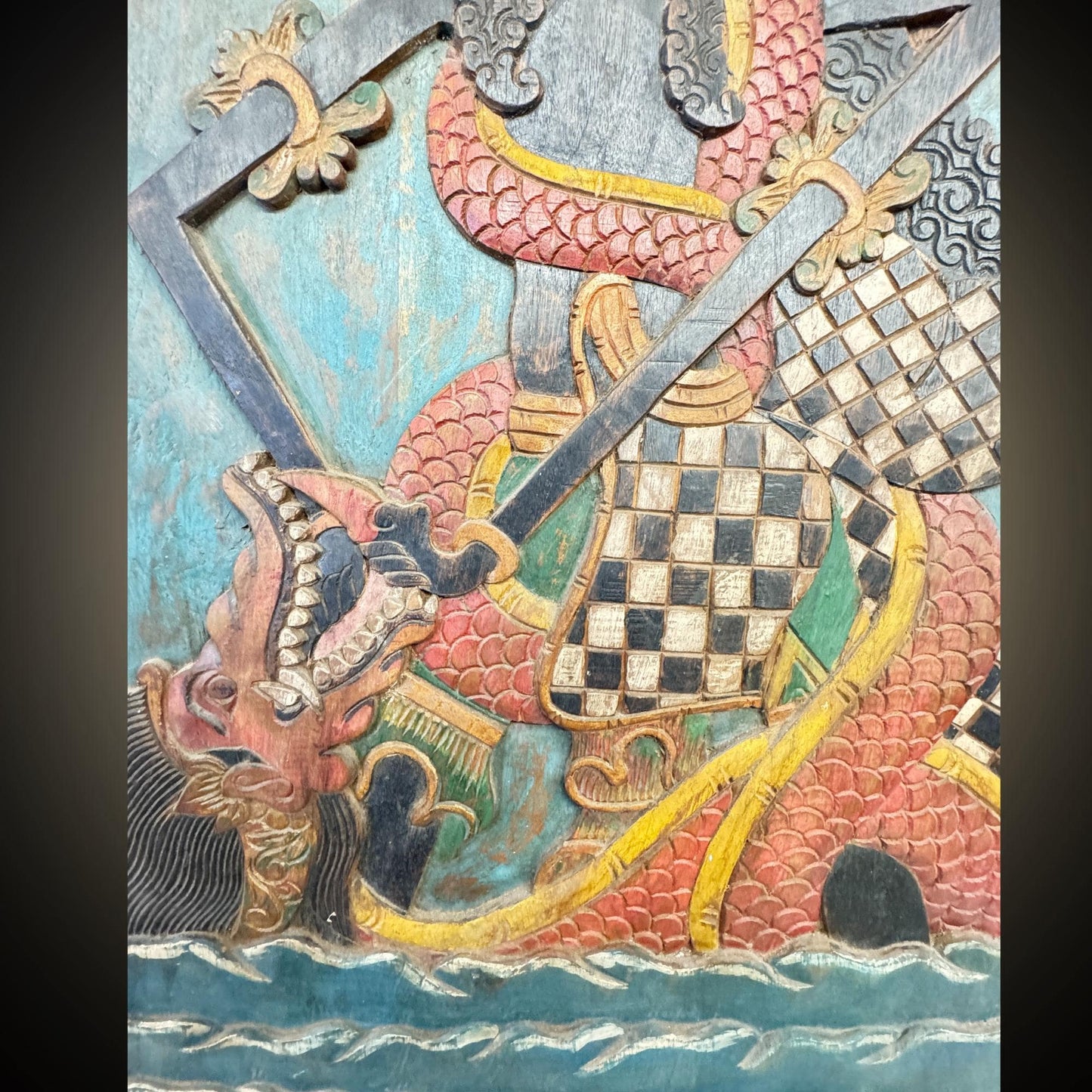 Vintage Javanese Teak Wood Blawong: Dragon Naga Kris Holder Wall Art