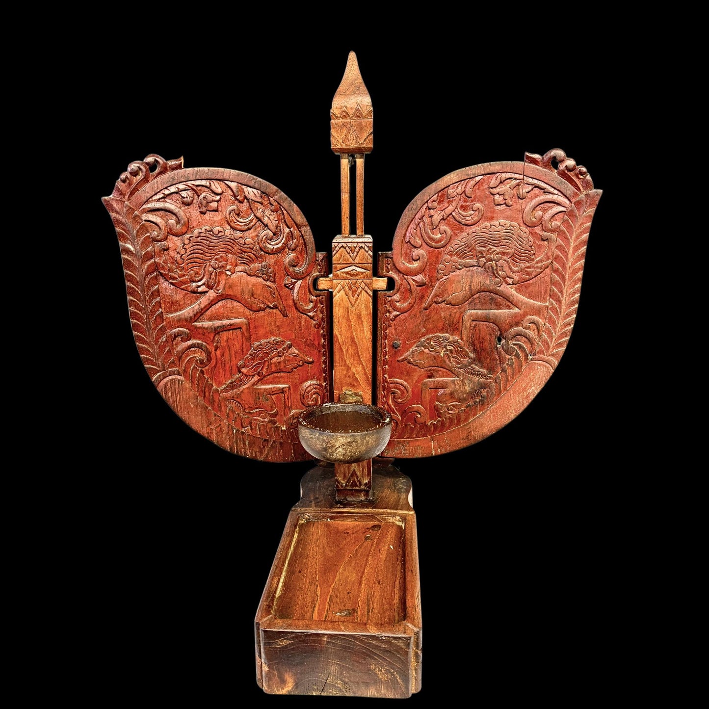 Vintage Indonesian Teak Candelabra: Jodog Oil Lamp Holder, Wayang Kulit
