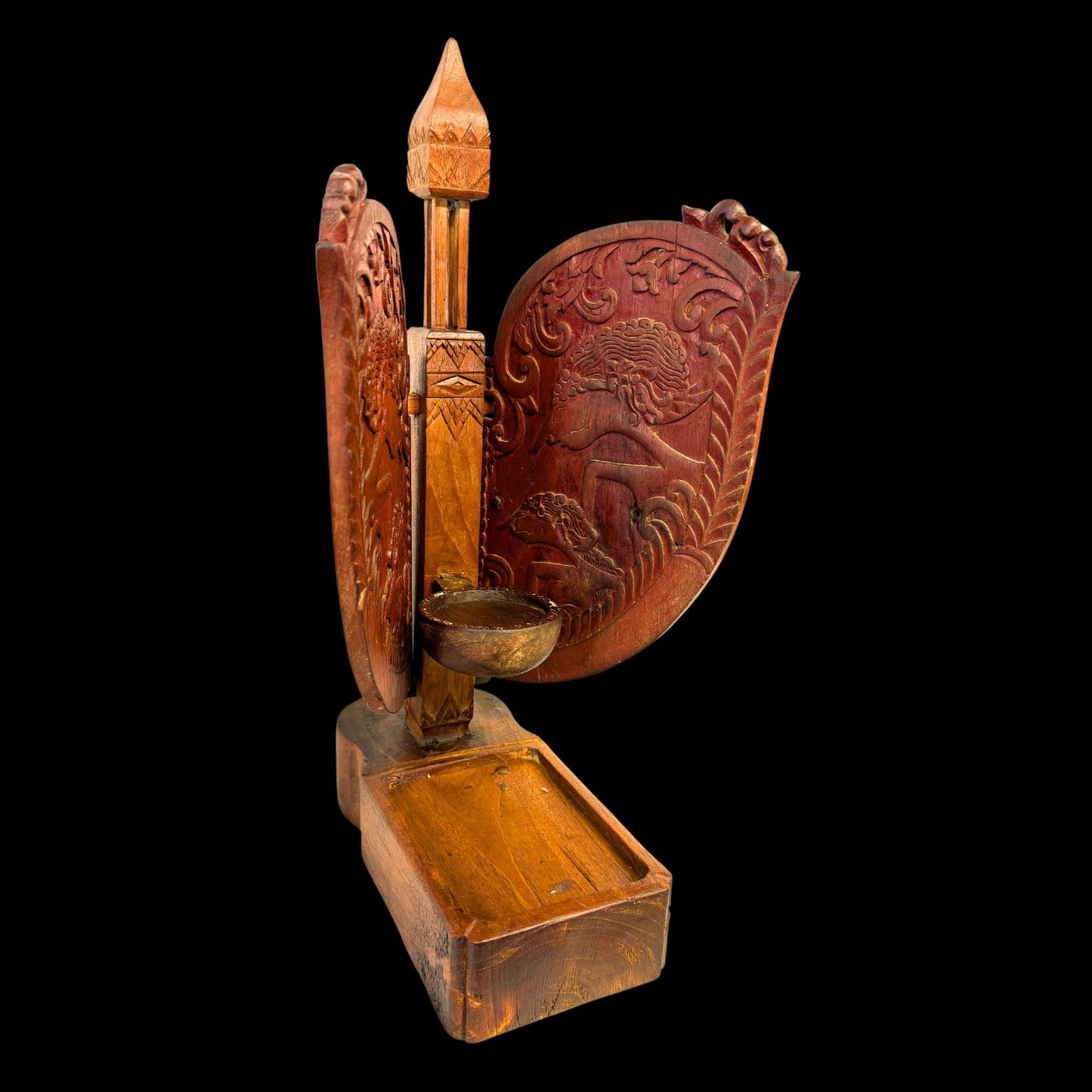 Vintage Indonesian Teak Candelabra: Jodog Oil Lamp Holder, Wayang Kulit