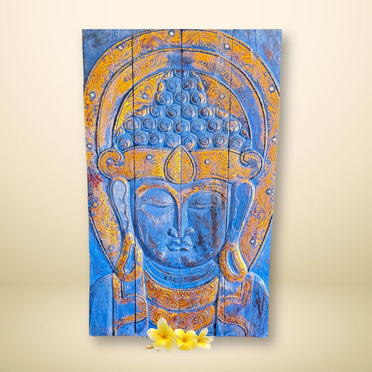 Blue Buddha Wood Carving: Balinese Relief Panel Wall Art - Acadia World Traders