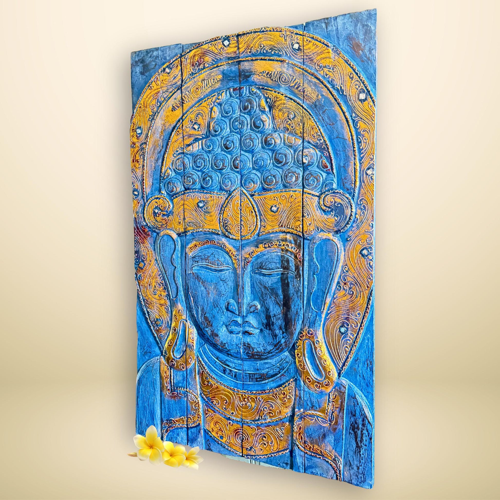 Blue Buddha Hand Carved Wooden Relief Panel Wall Art Folding Screen Wood Carving Balinese  Eclectic Asian Style Boho Decor Gold Blue - Acadia World Traders