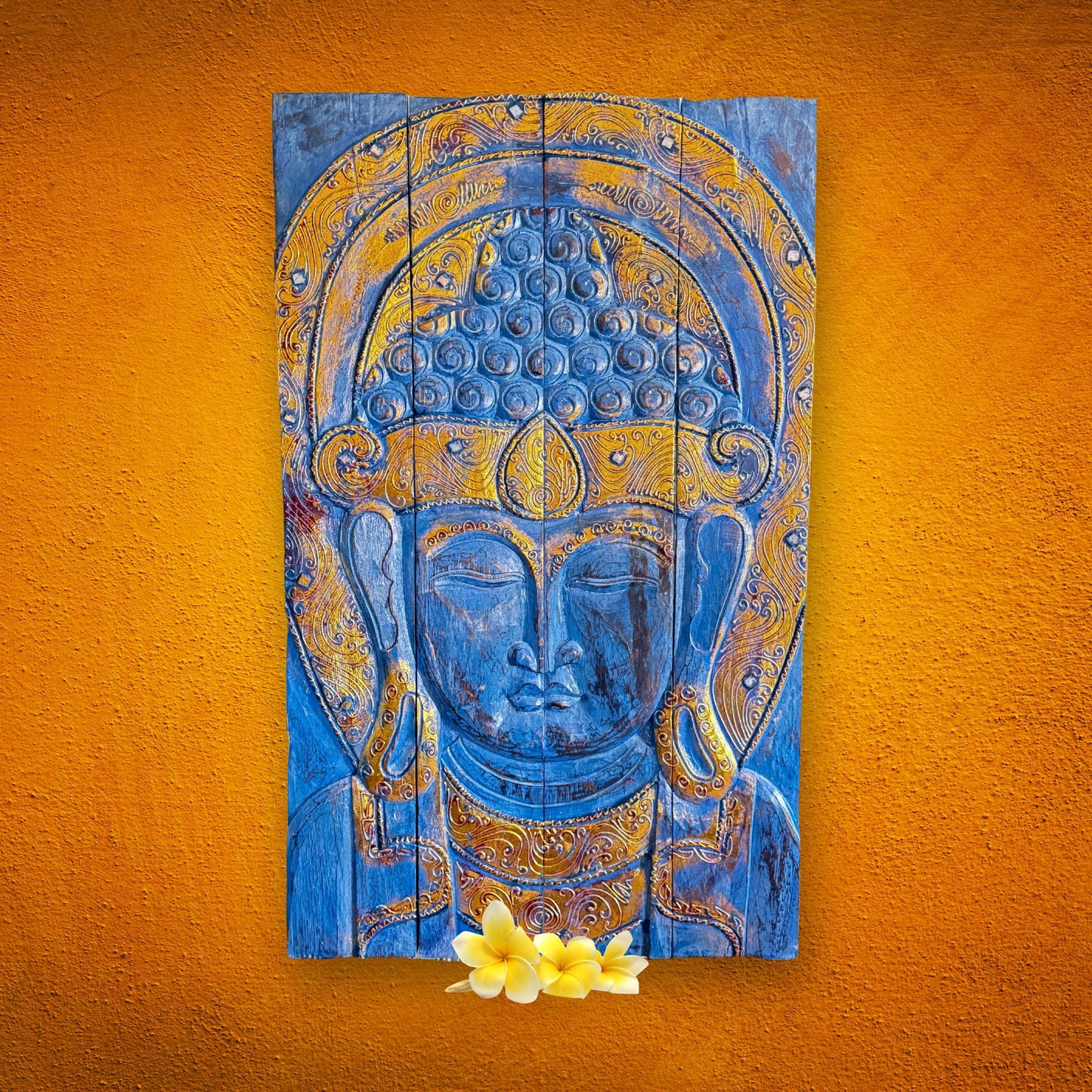 Blue Buddha Hand Carved Wooden Relief Panel Wall Art Folding Screen Wood Carving Balinese  Eclectic Asian Style Boho Decor Gold Blue - Acadia World Traders
