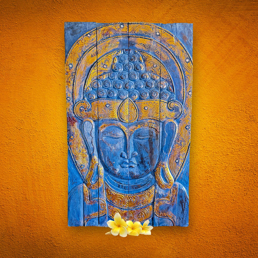 Blue Buddha Hand Carved Wooden Relief Panel Wall Art Folding Screen Wood Carving Balinese  Eclectic Asian Style Boho Decor Gold Blue - Acadia World Traders