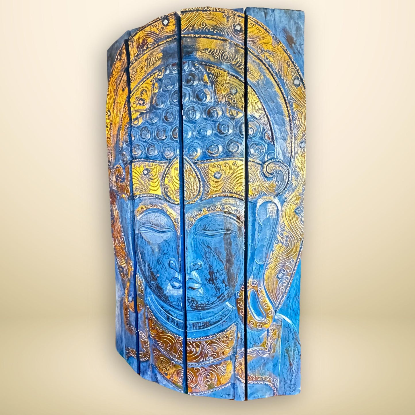 Blue Buddha Hand Carved Wooden Relief Panel Wall Art Folding Screen Wood Carving Balinese  Eclectic Asian Style Boho Decor Gold Blue - Acadia World Traders
