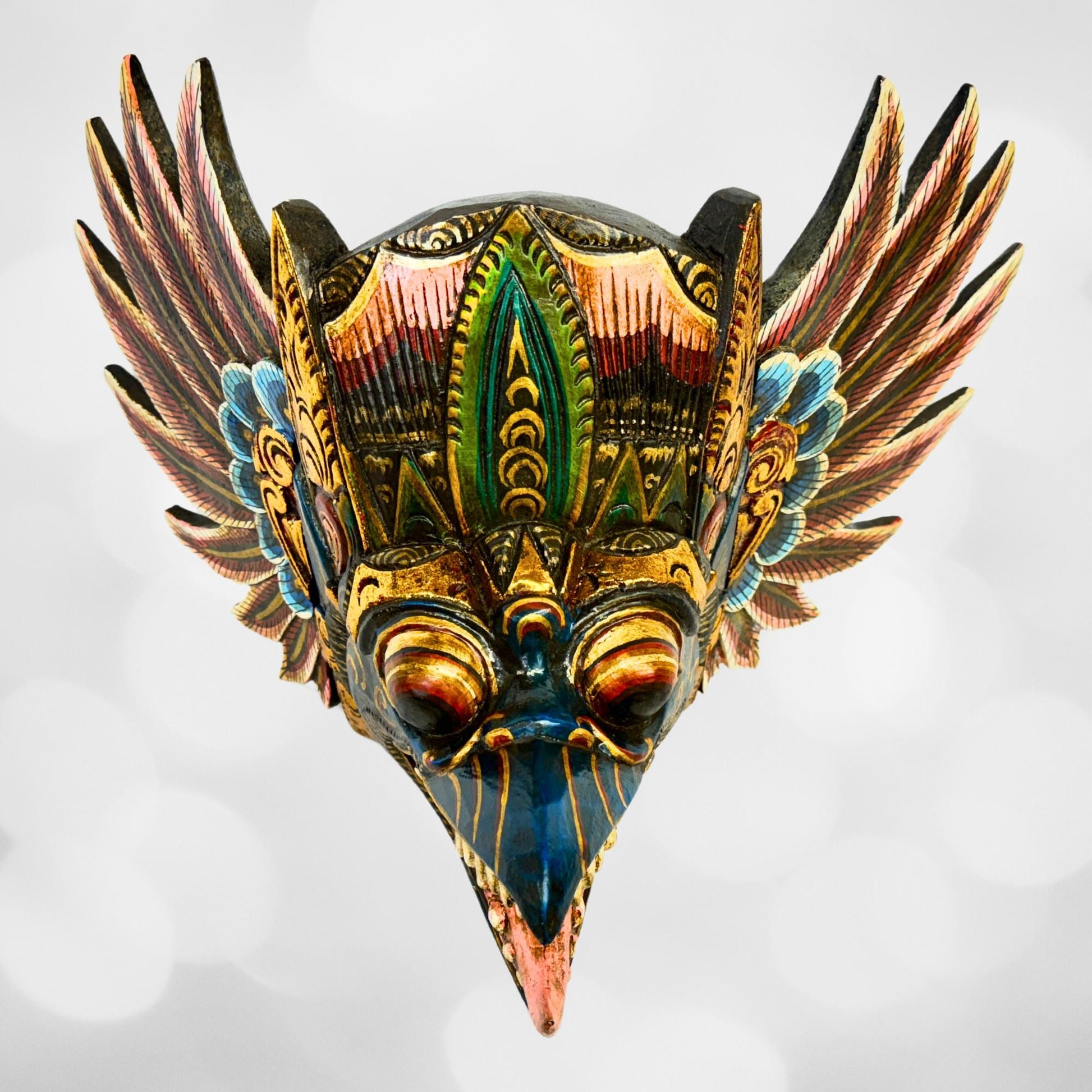 Balinese Garuda Mask Mythical Eagle Mount of Vishnu Protector Wall Decor Hand Carved Wood Carving Bali Folk Art Indonesian Teal - Acadia World Traders