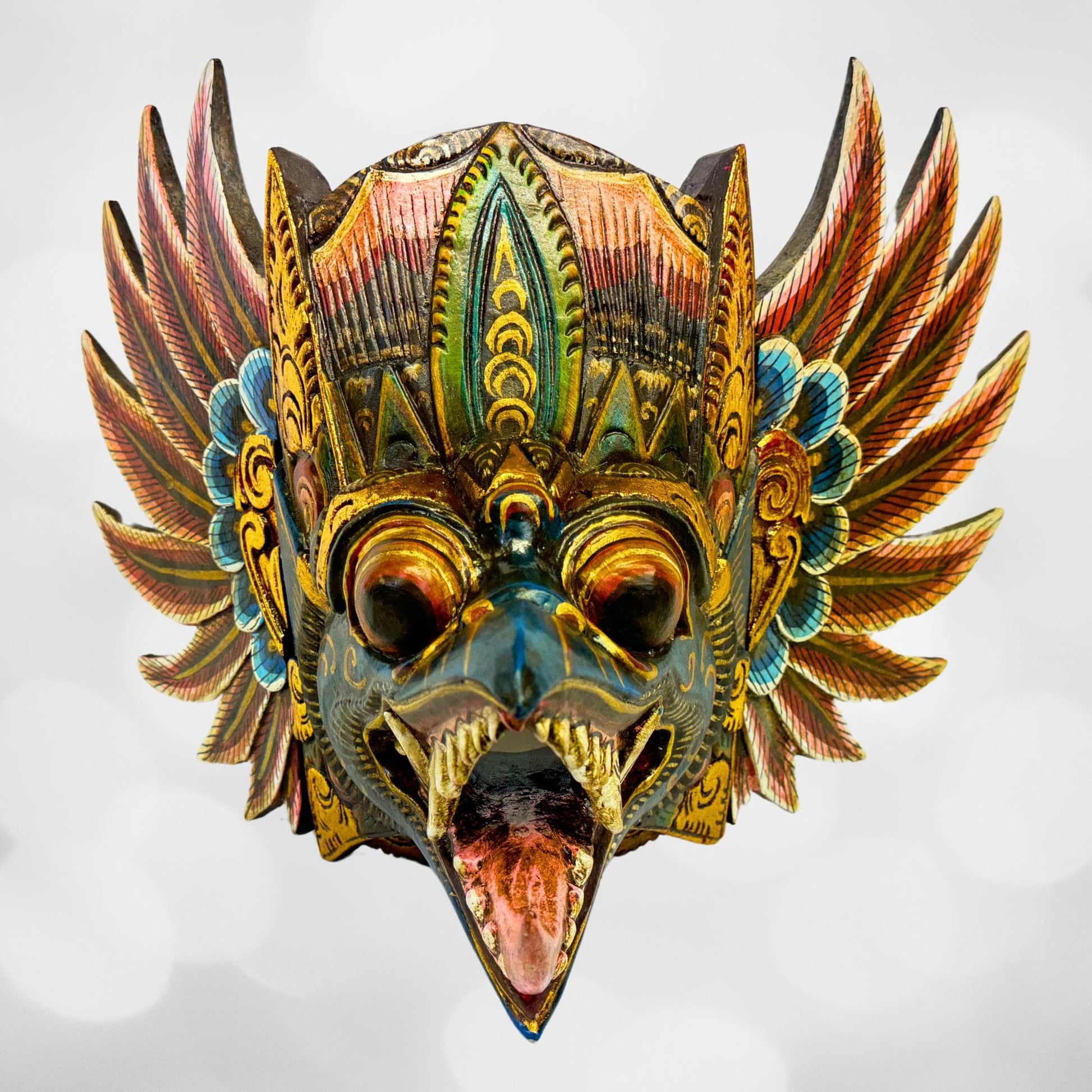 Balinese Garuda Mask Mythical Eagle Mount of Vishnu Protector Wall Decor Hand Carved Wood Carving Bali Folk Art Indonesian Teal - Acadia World Traders