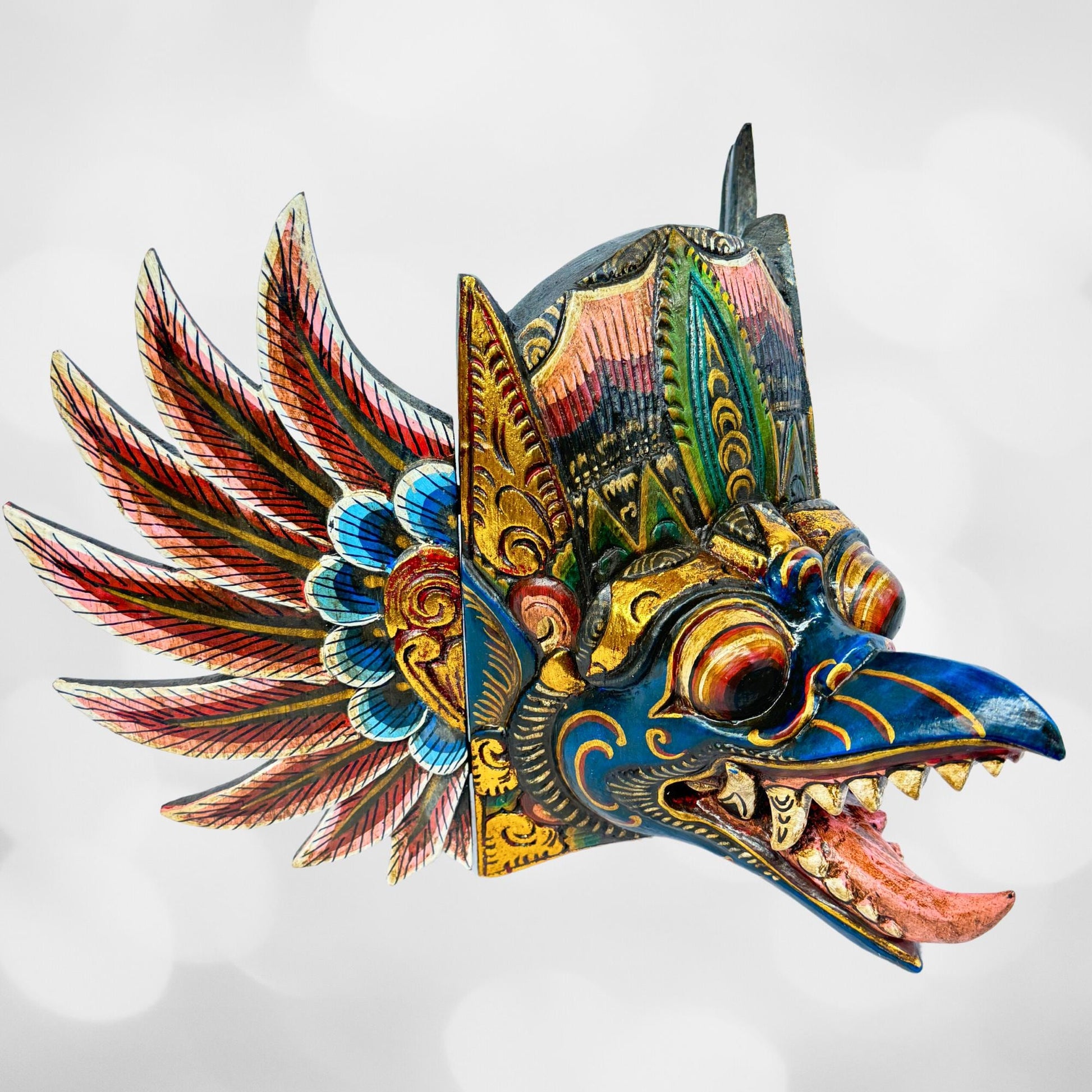 Balinese Garuda Mask Mythical Eagle Mount of Vishnu Protector Wall Decor Hand Carved Wood Carving Bali Folk Art Indonesian Teal - Acadia World Traders