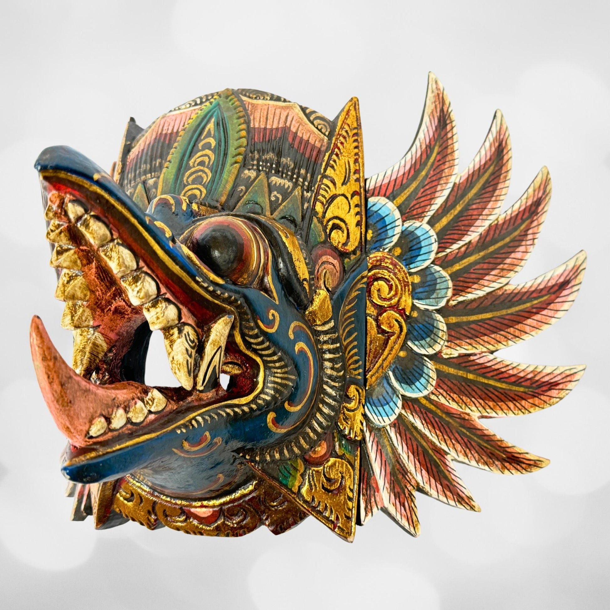 Balinese Garuda Mask Mythical Eagle Mount of Vishnu Protector Wall Decor Hand Carved Wood Carving Bali Folk Art Indonesian Teal - Acadia World Traders