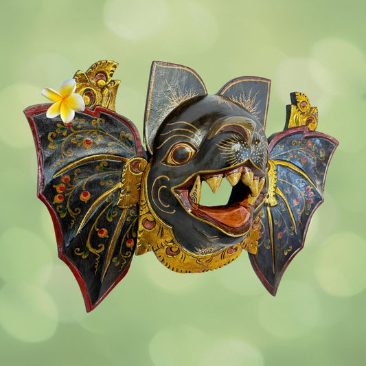 Balinese Mask Winged Black Bat Mask Bali hand carved wood Wall art Gothic Decor Balinese Folk Art Sacred Bat - Acadia World Traders