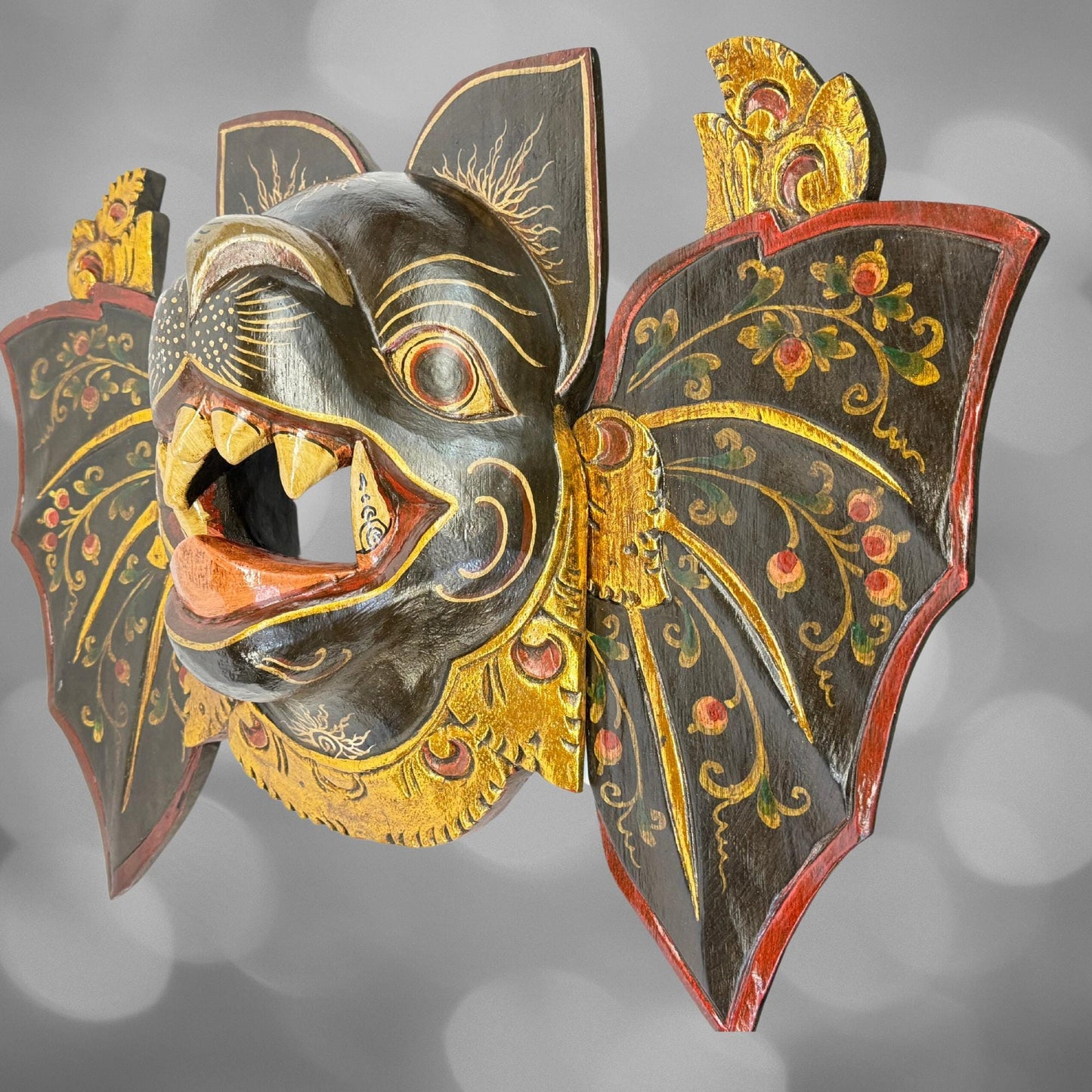 Balinese Mask Winged Black Bat Mask Bali hand carved wood Wall art Gothic Decor Balinese Folk Art Sacred Bat - Acadia World Traders