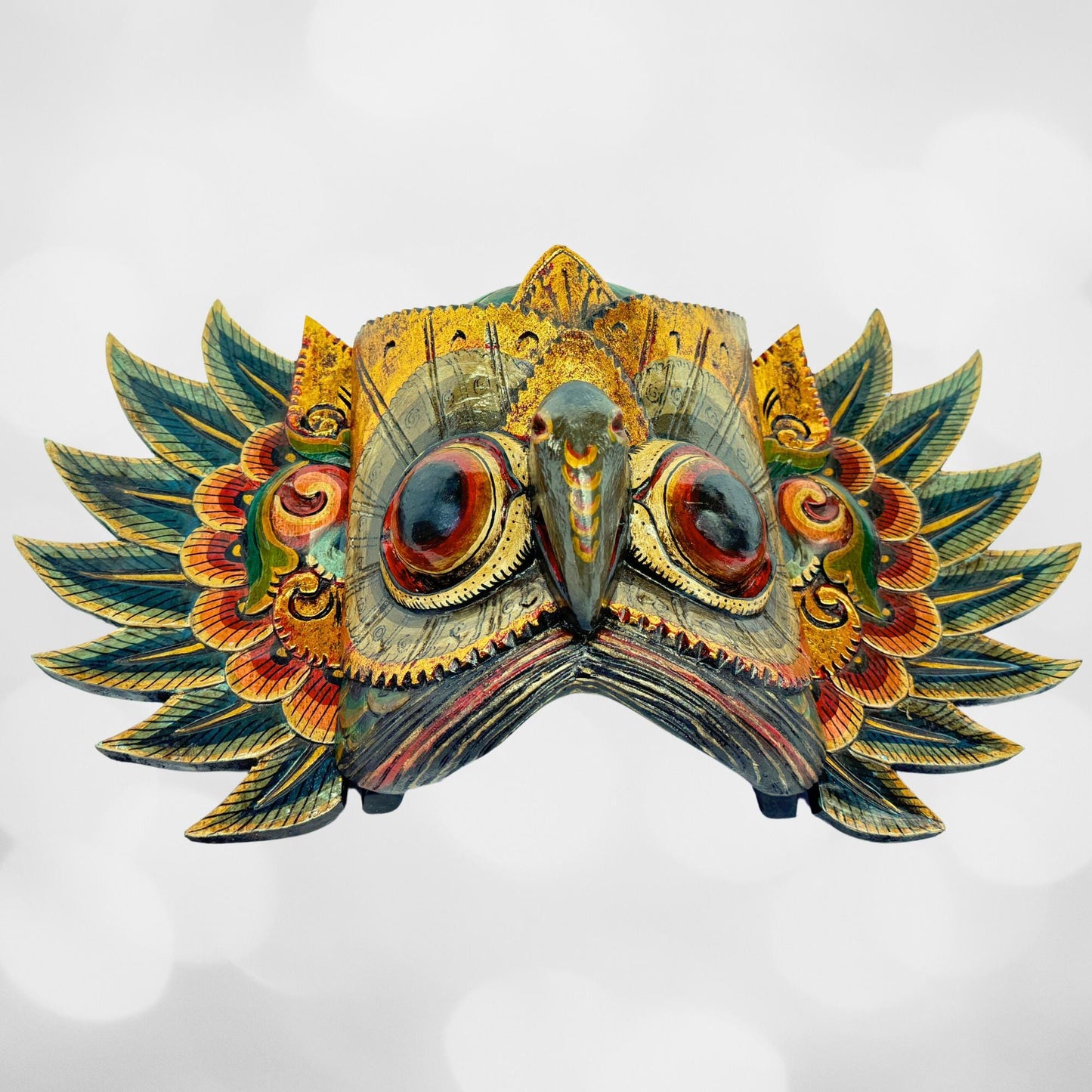 Balinese Mask Horned Owl Bird Mythical WINGED Owl Wall Hanging art Bali Folk Art Hand carved Wood Carving - Acadia World Traders