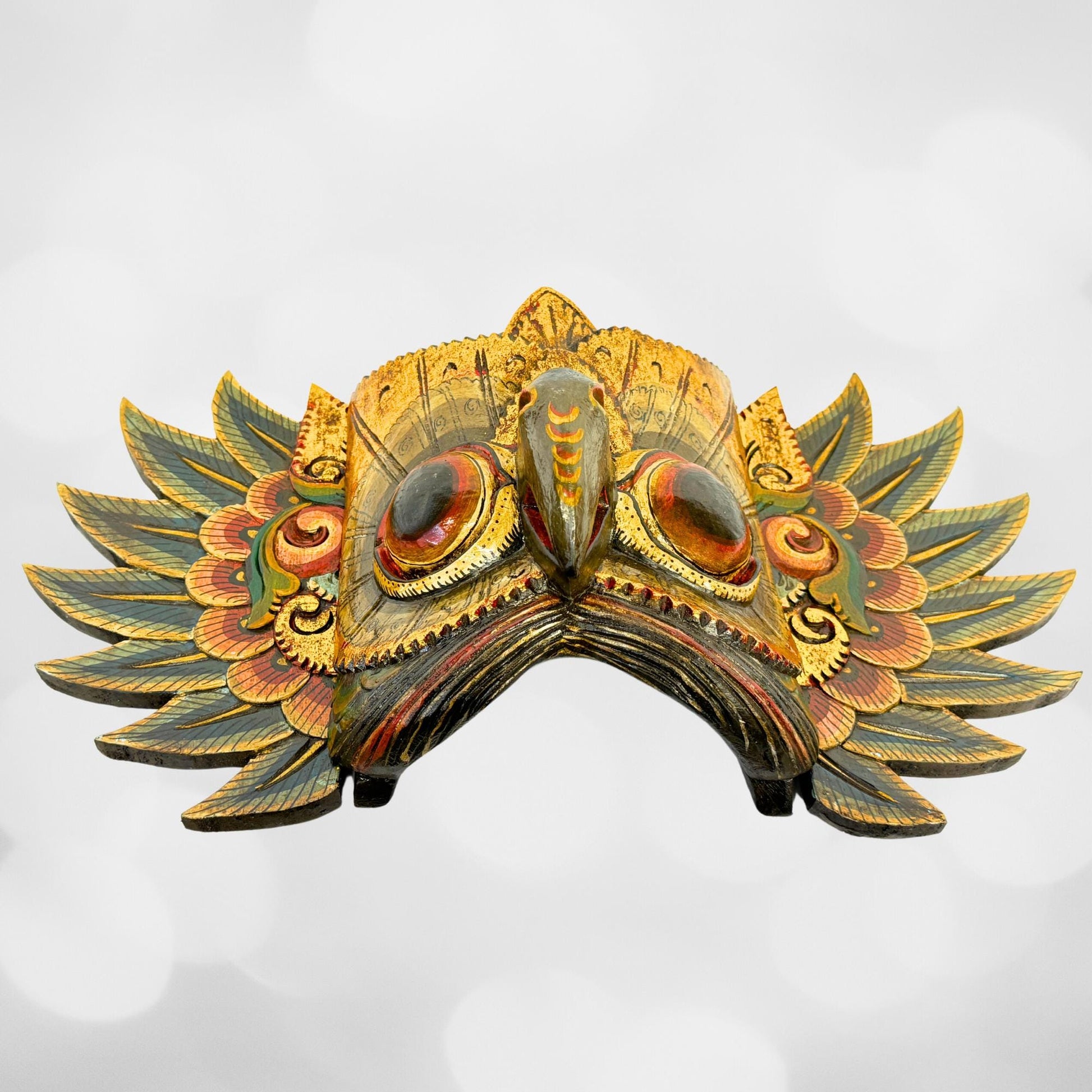 Balinese Mask Horned Owl Bird Mythical WINGED Owl Wall Hanging art Bali Folk Art Hand carved Wood Carving - Acadia World Traders