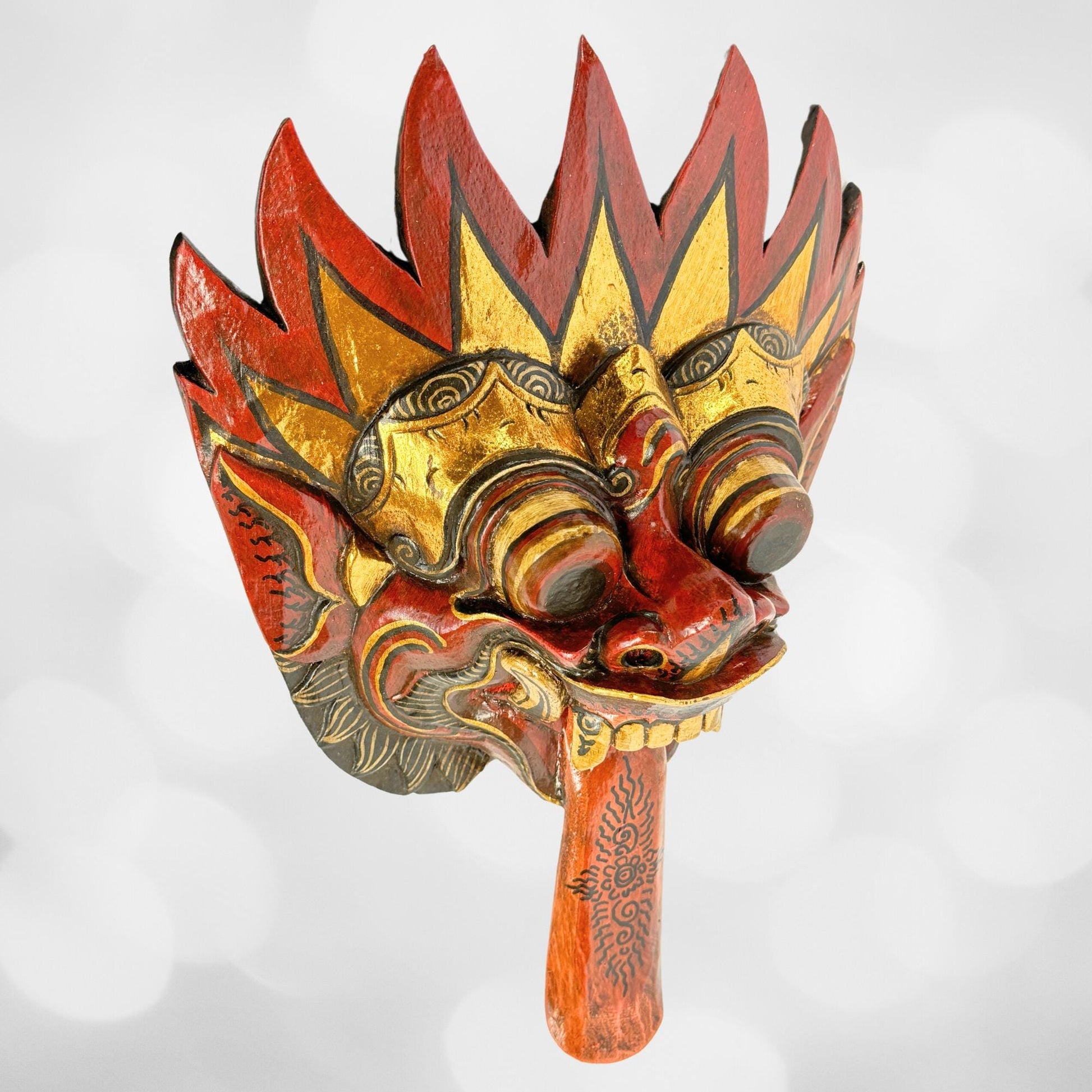 Balinese Agni Mask Mythical God of Fire Wall Decor Hand Carved Wood Carving Bali Folk Art Indonesian Red - Acadia World Traders